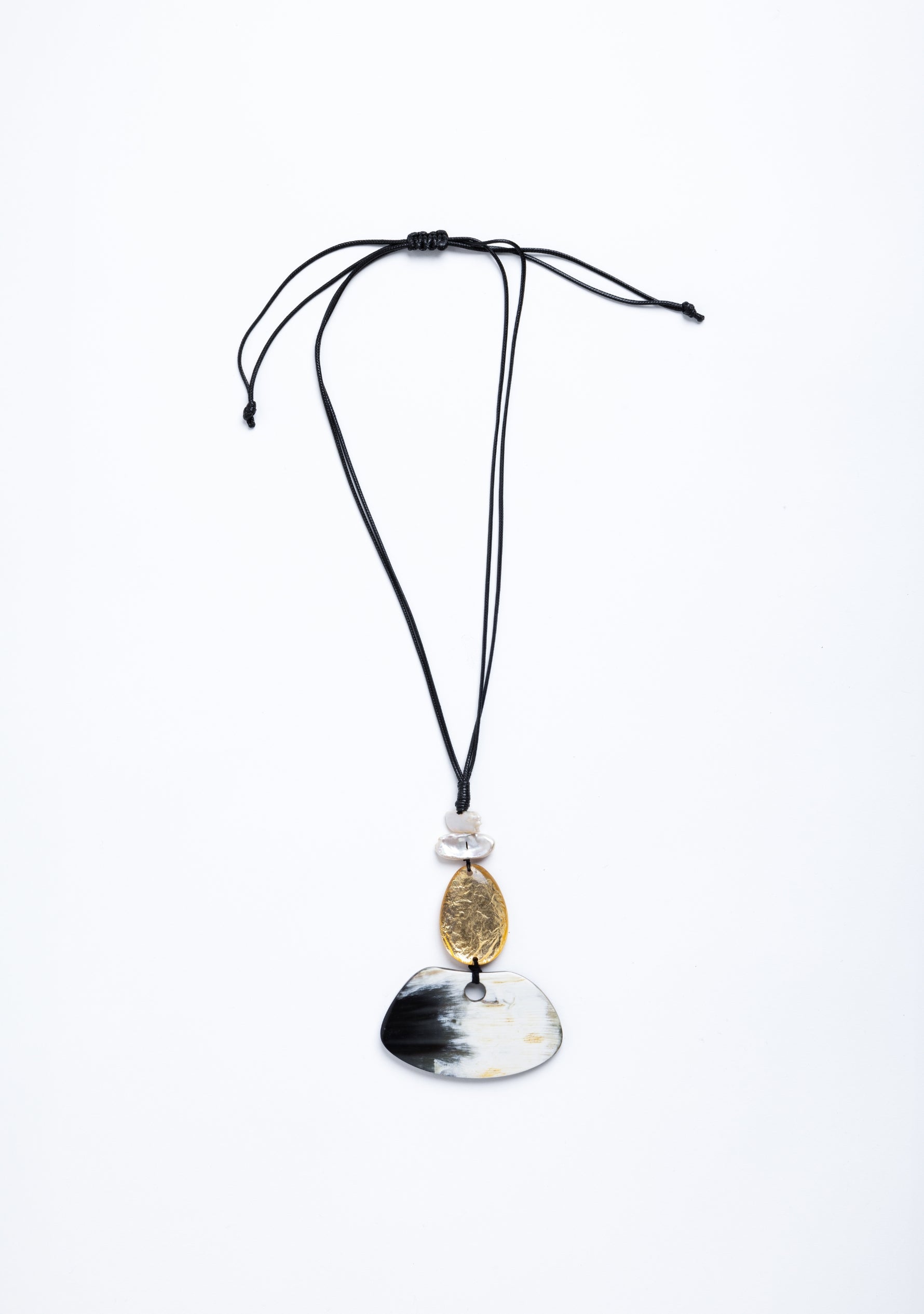 Black Cord with White Baroque Pearls, Natural-Gold Resin & Black-White Buffalo Horn Pendant Necklace