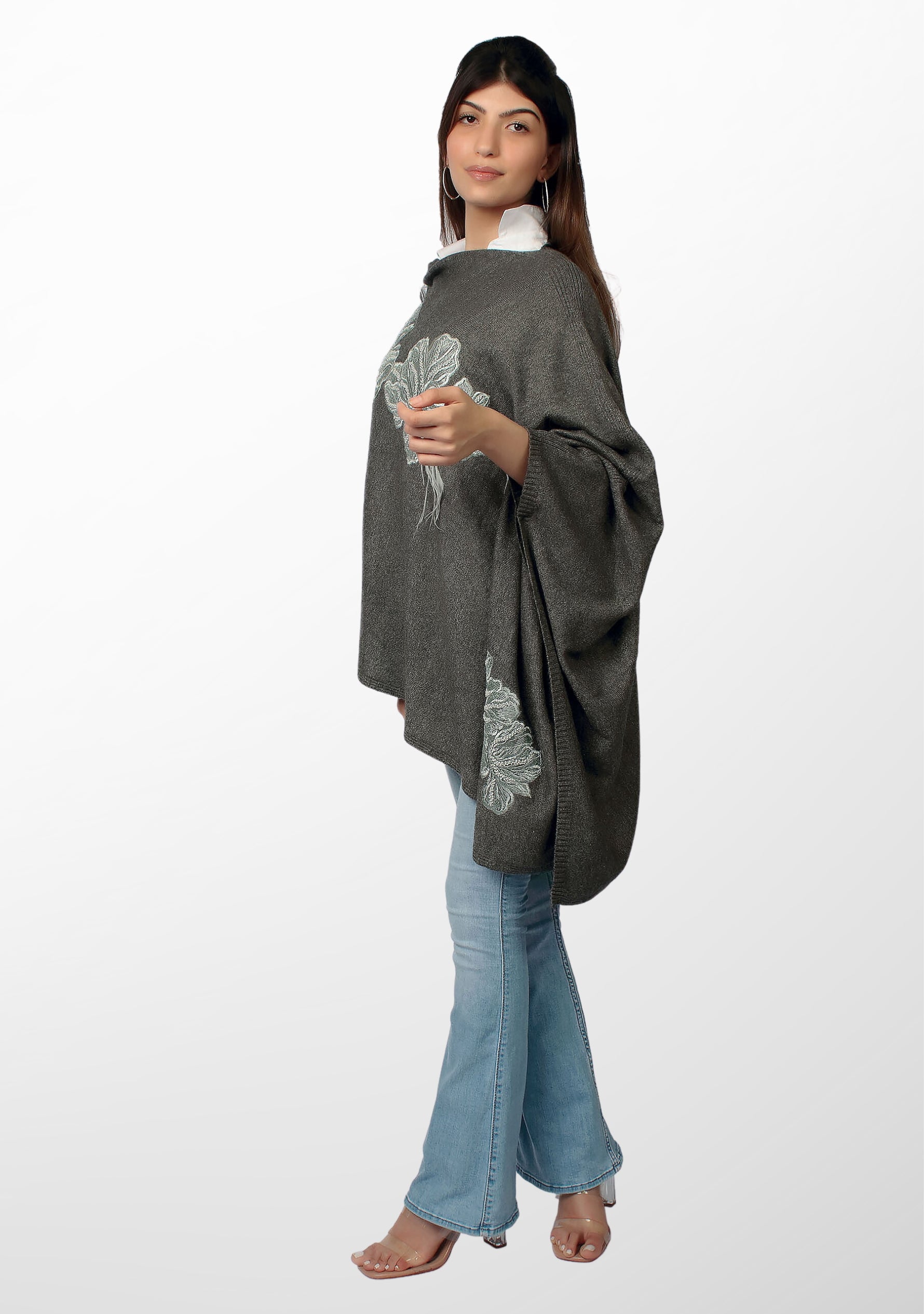 Charcoal Melange Wool Poncho Lt. Gray Embroidery & Feather Appliqués