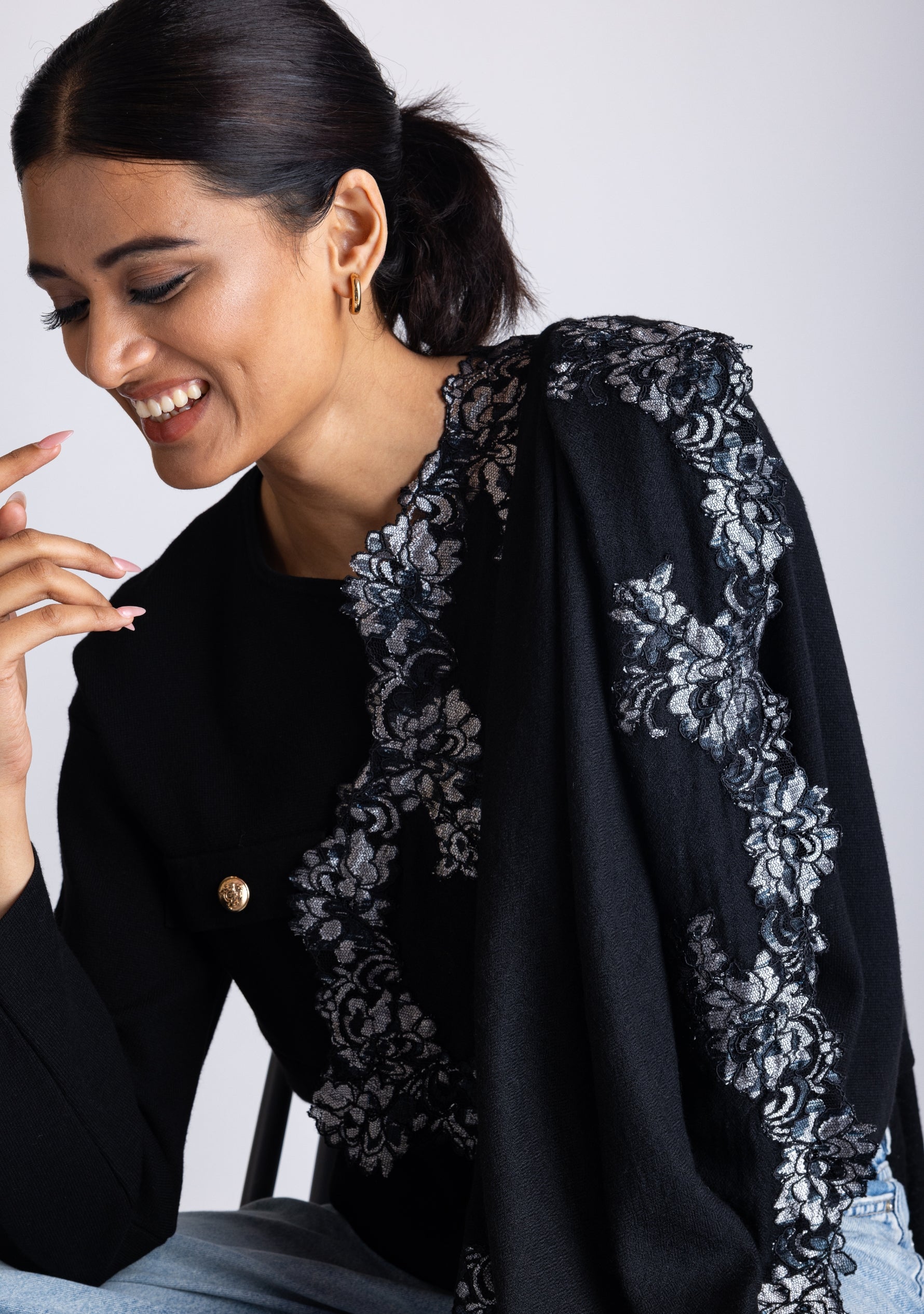 Black Cashmere Scarf 
Black & Silver Lace