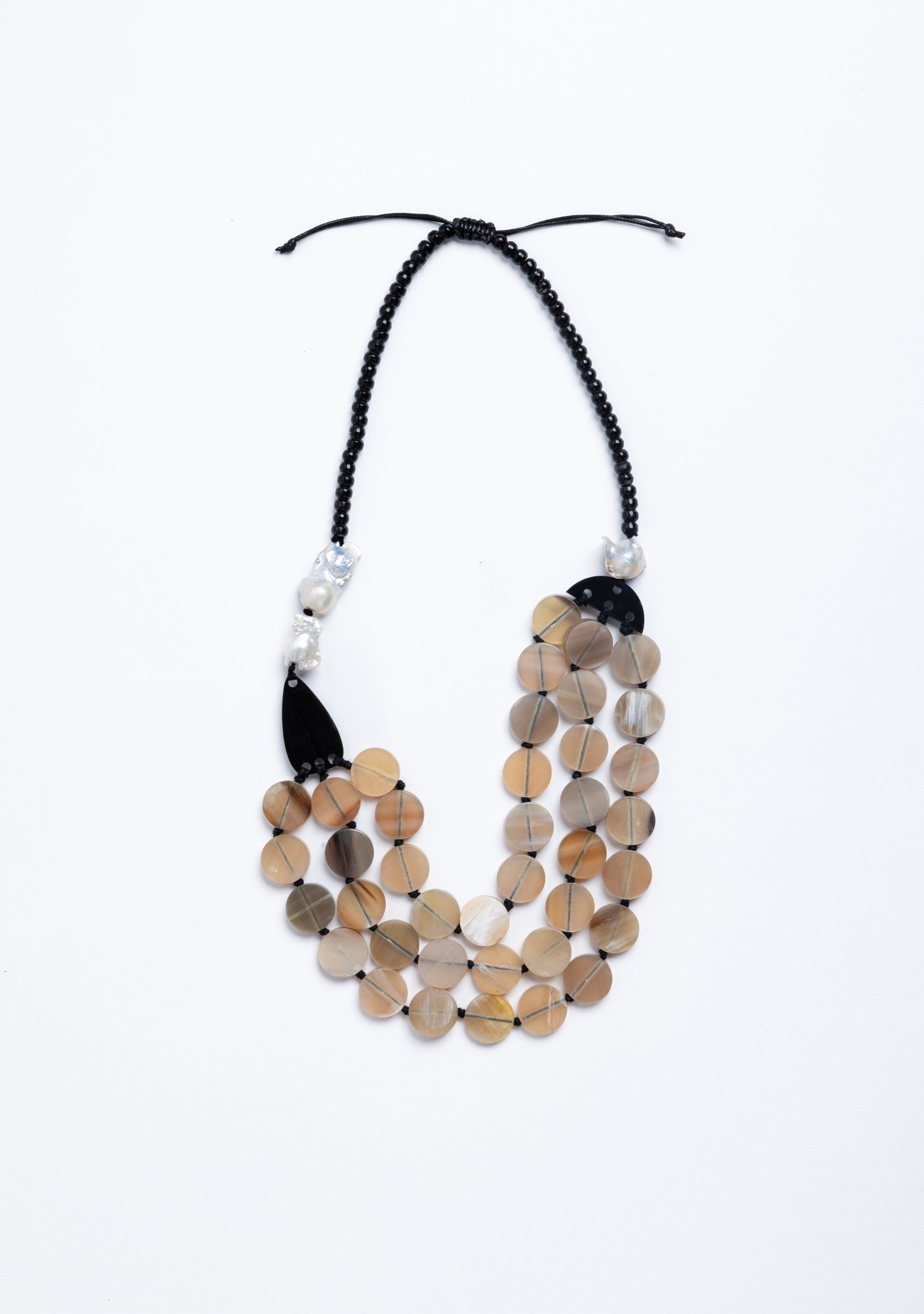 3-Layer Natural Buffalo Horn Disk Necklace with Black Buffalo Horn Beads & White Baroque Pearls