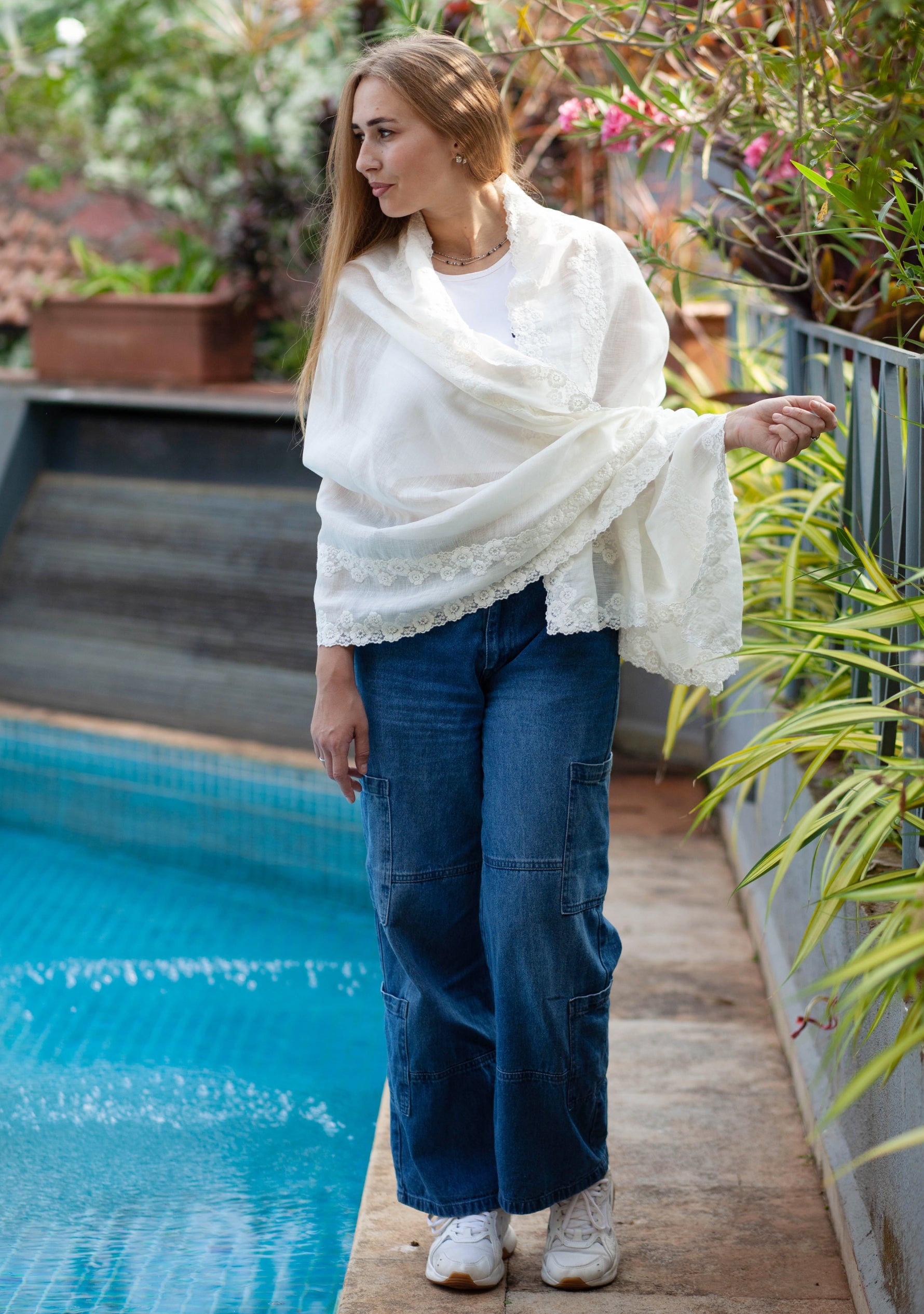 Ivory Linen & Modal Scarf 
White Lace