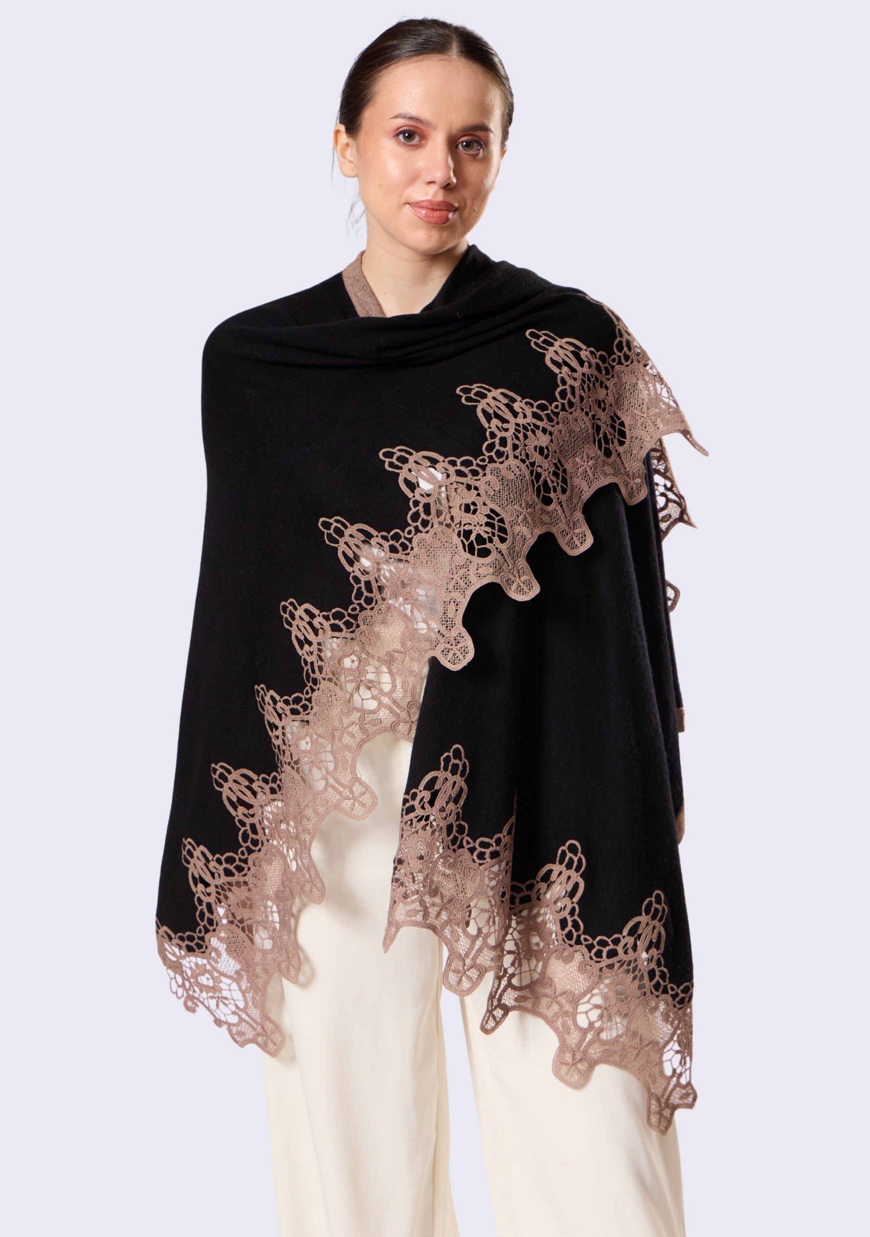 Black Wool Cape Taupe Lace