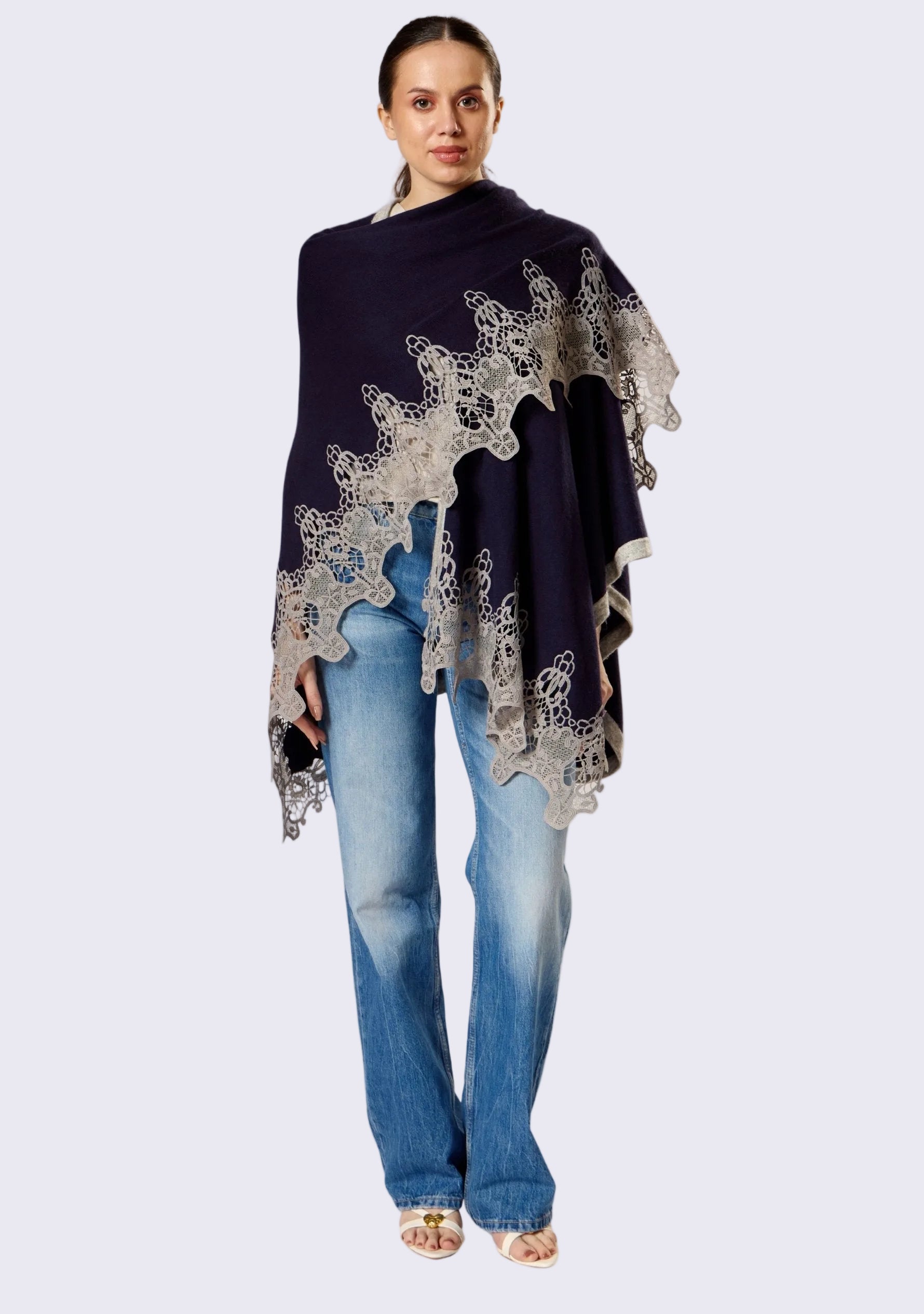 Navy Blue Wool Cape Lt. Gray Lace