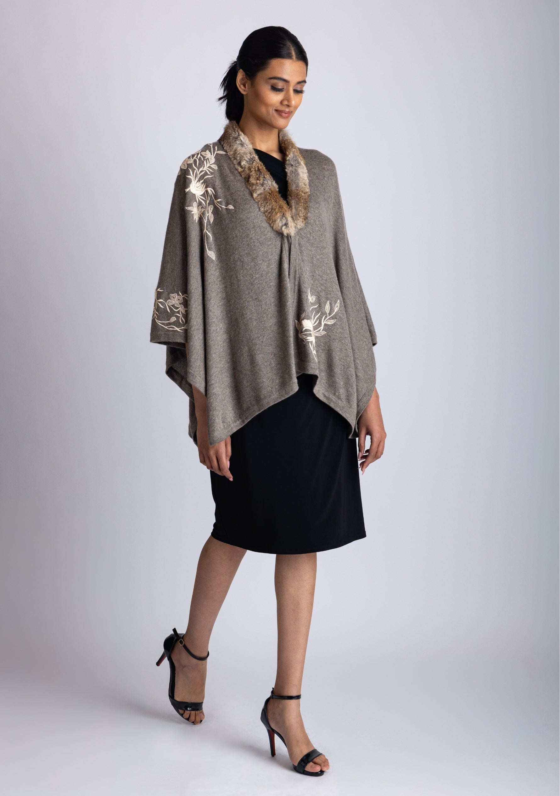 Khaki Melange Wool Cape Beige Embroidery & Natural Fur