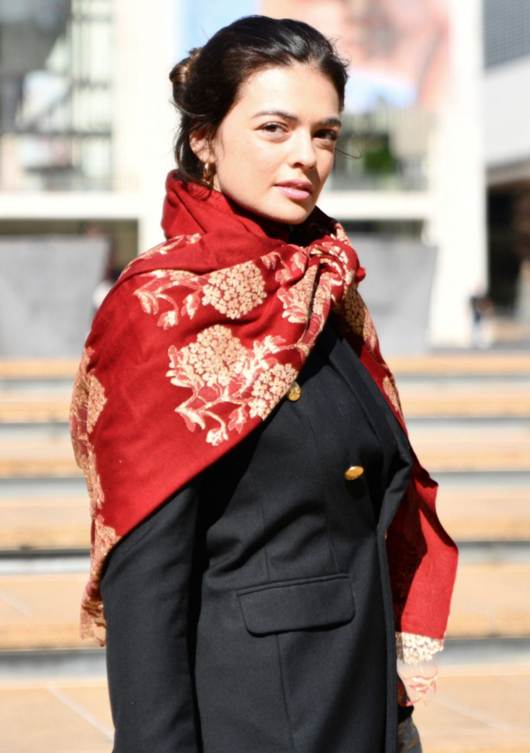 Burgundy Wool & Silk Scarf Gold Lace