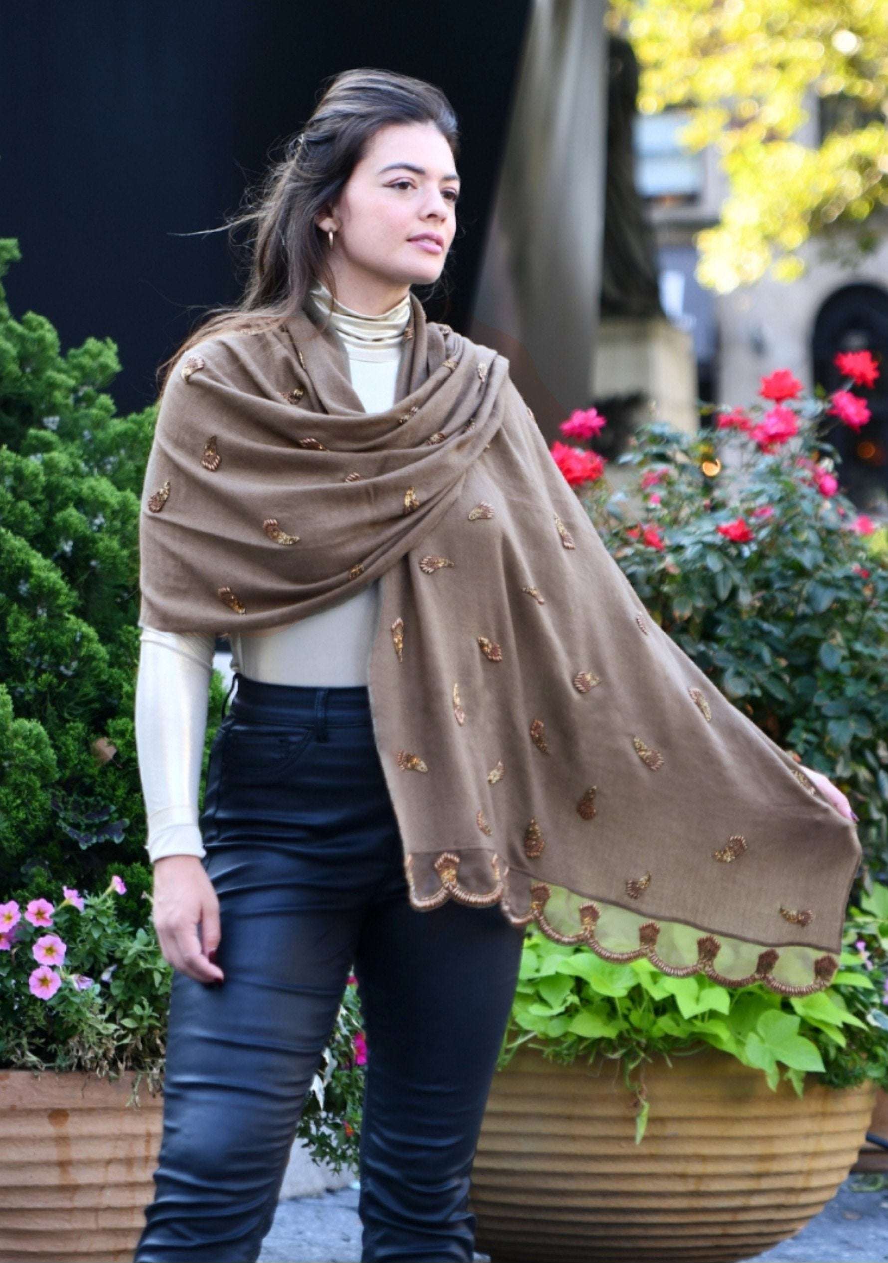 Dk. Khaki Cashmere Scarf Bronze Beads