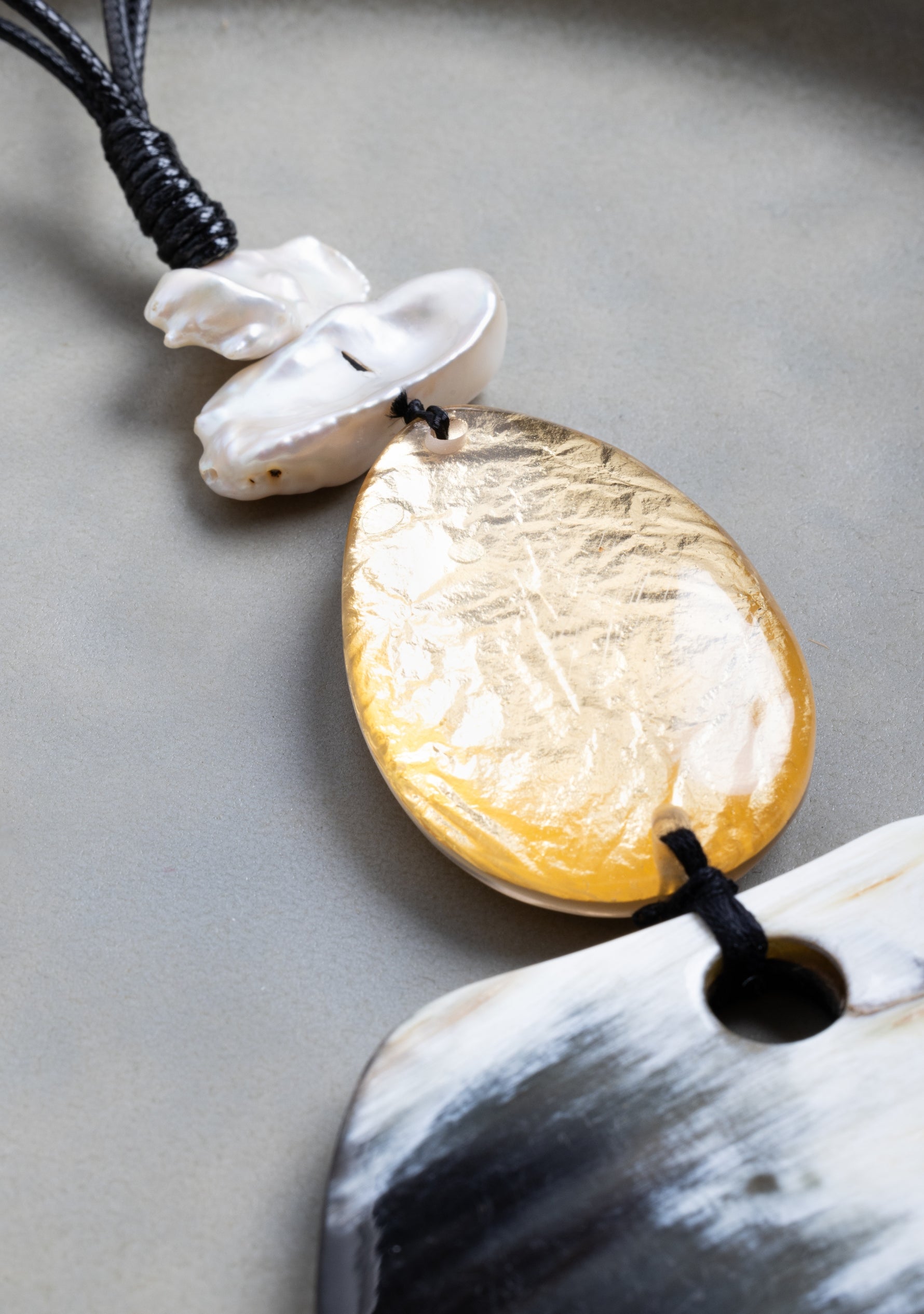 Black Cord with White Baroque Pearls, Natural-Gold Resin & Black-White Buffalo Horn Pendant Necklace