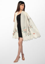 Ivory Cashmere Scarf with Multi-colored Embroidery and Ivory Filigree Lace Pallas