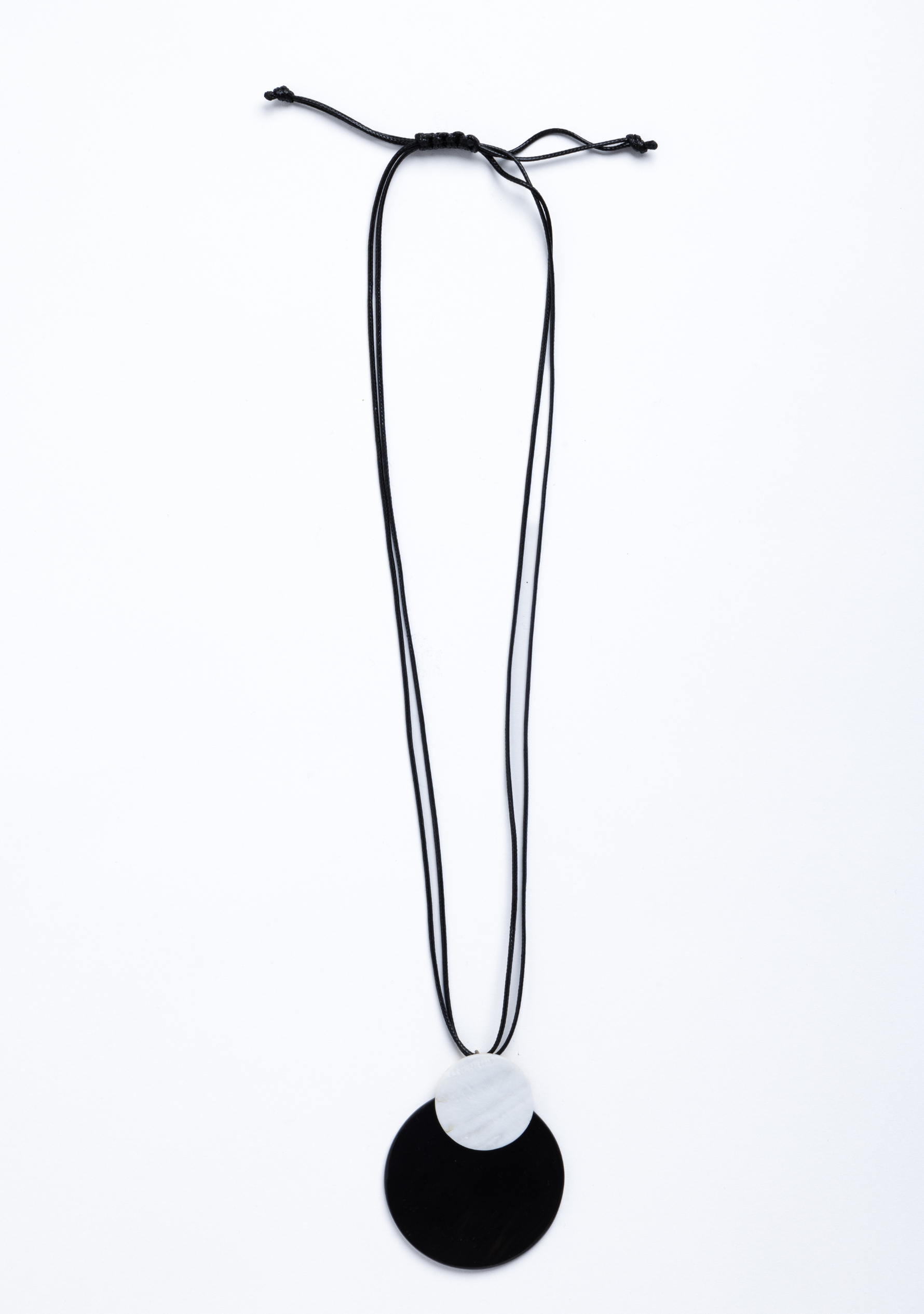 Black Cord with Black Buffalo Horn Disk & White Shell Disk Pendant Necklace