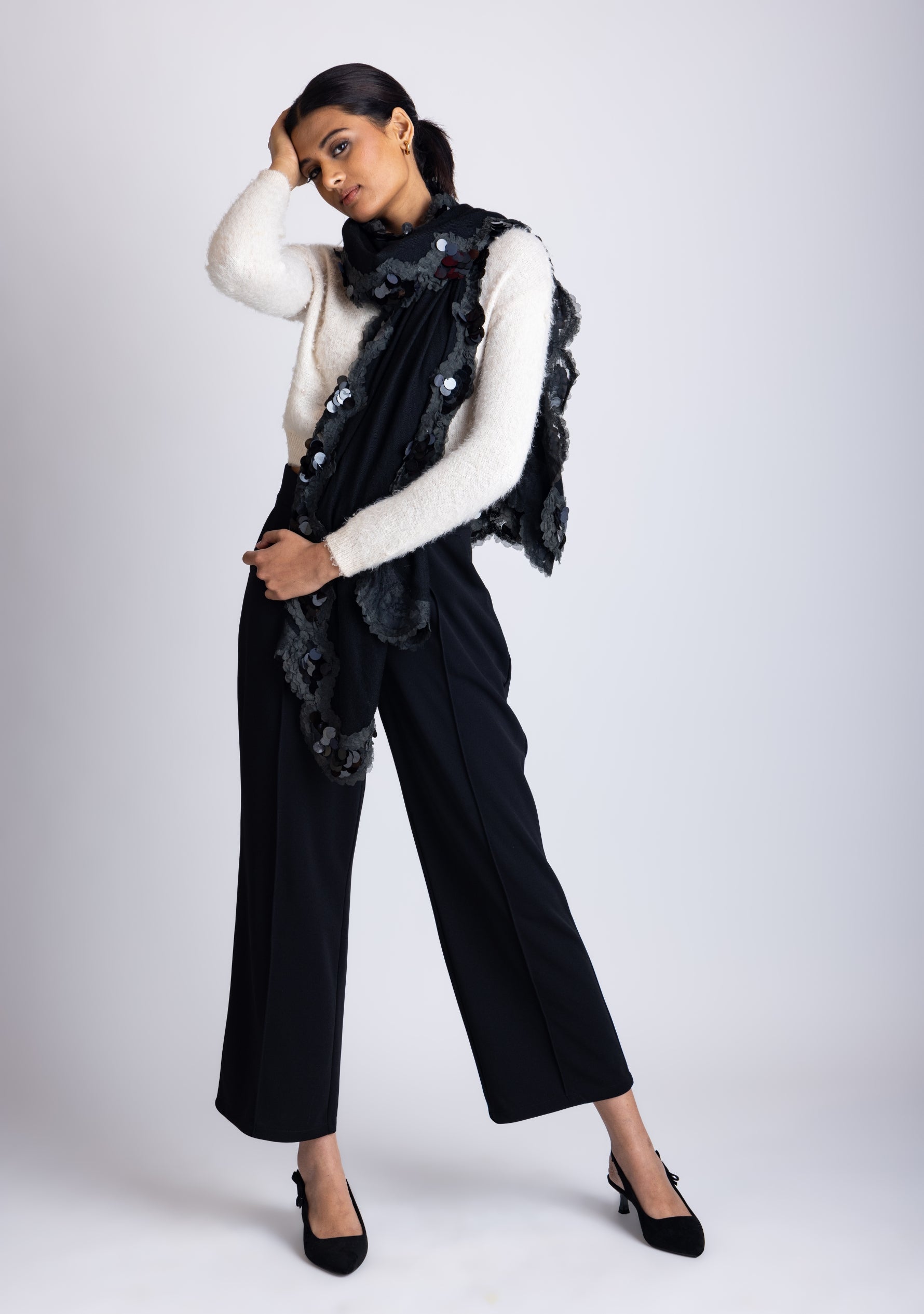 Black Cashmere Scarf
Black Sequin & Frill