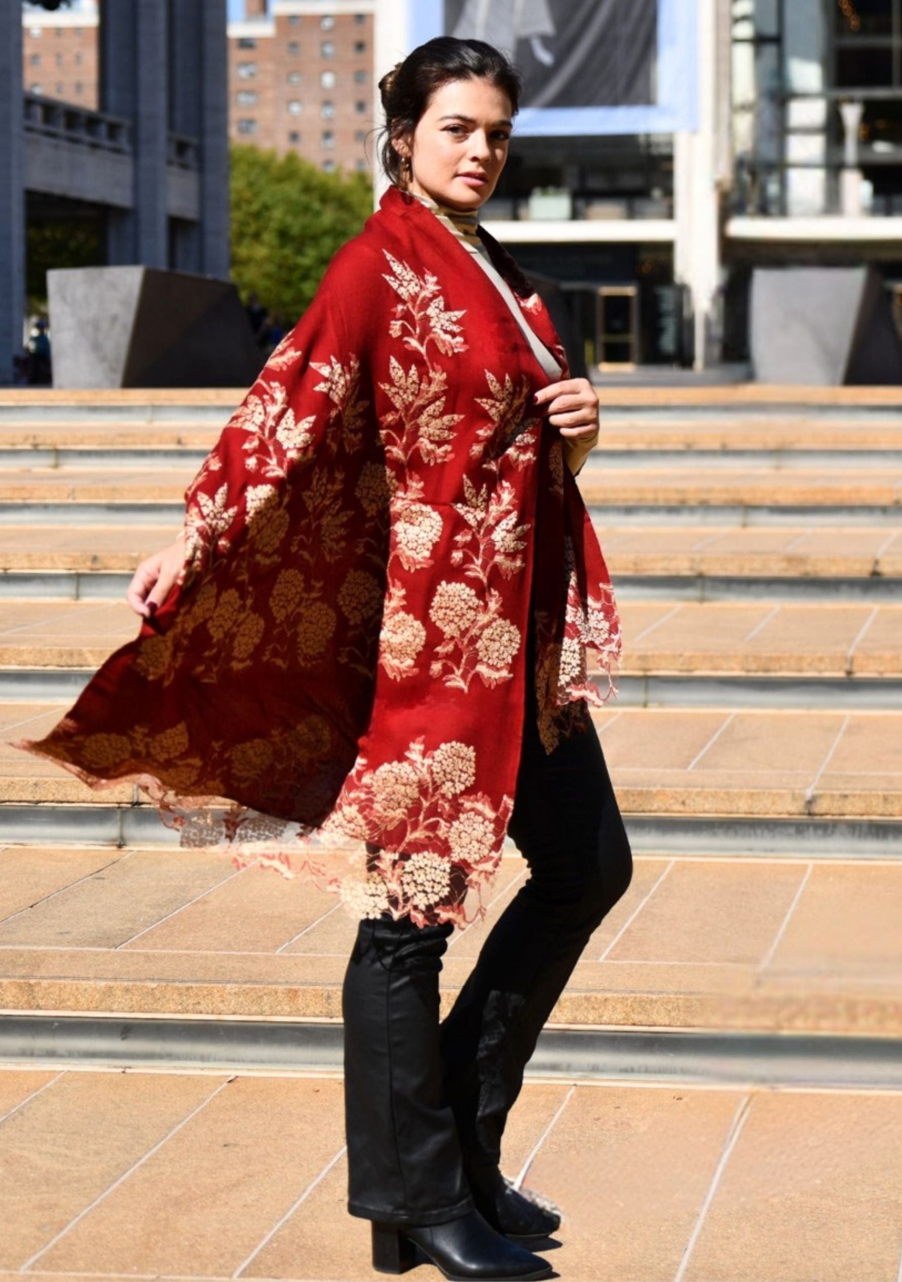 Burgundy Wool & Silk Scarf Gold Lace
