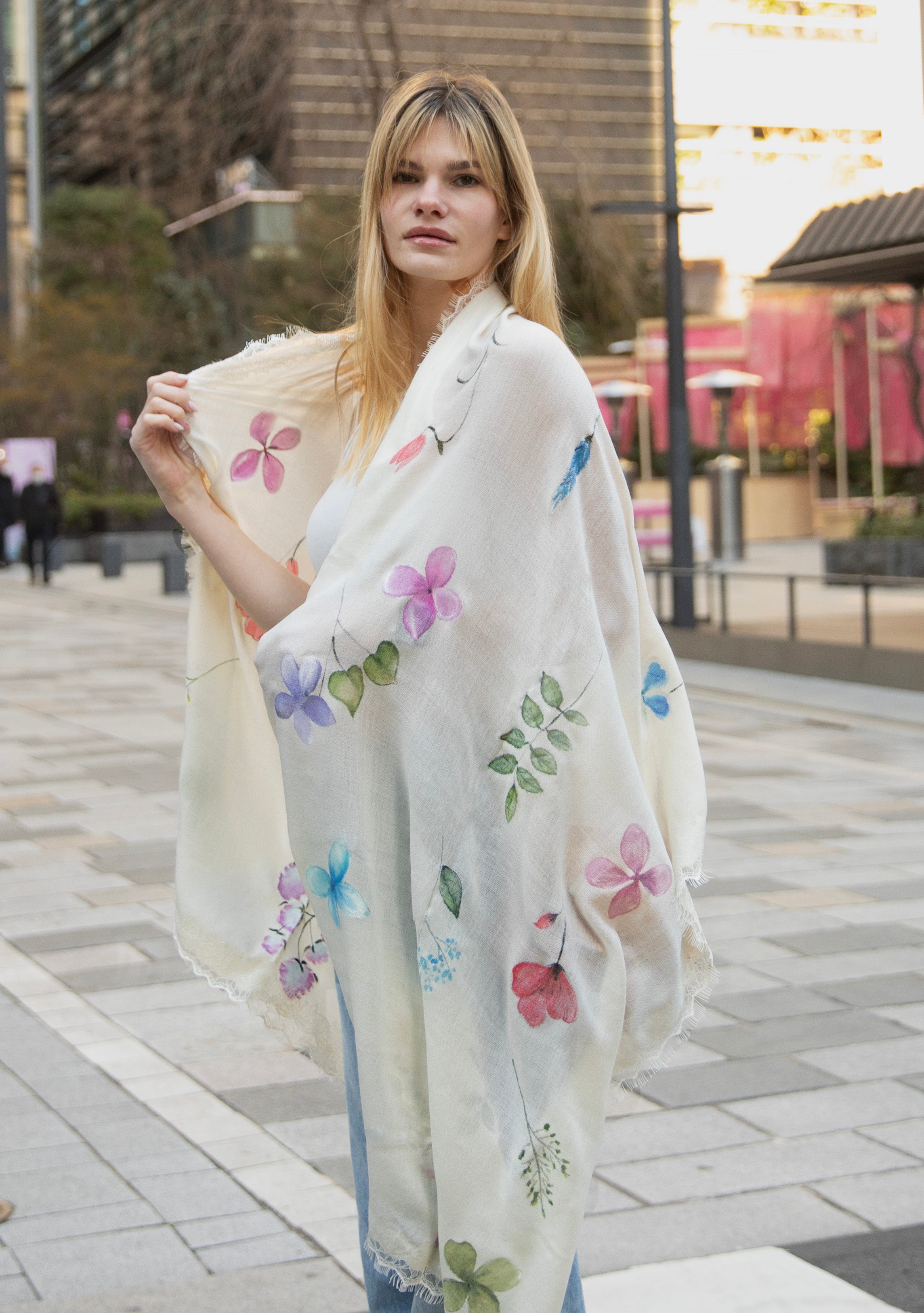 Ivory Cashmere Scarf 
Hand-Painted & Ivory Lace