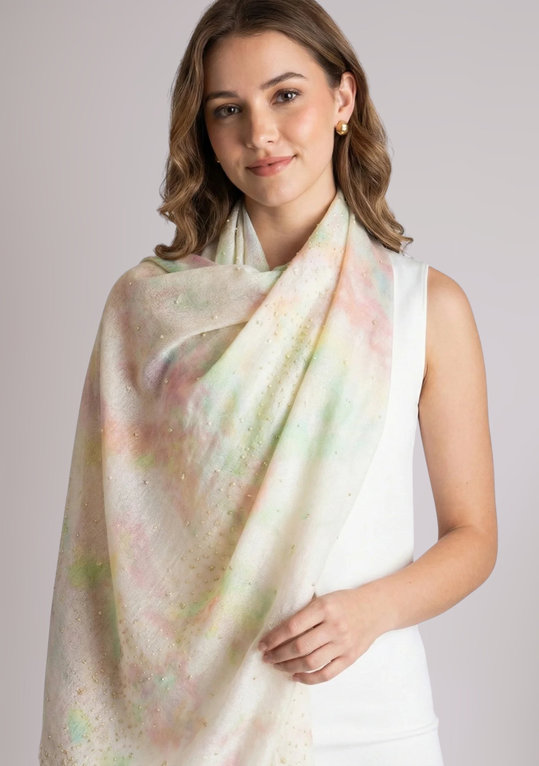 Multi-Pastel Cashmere Scarf Ivory Pearls