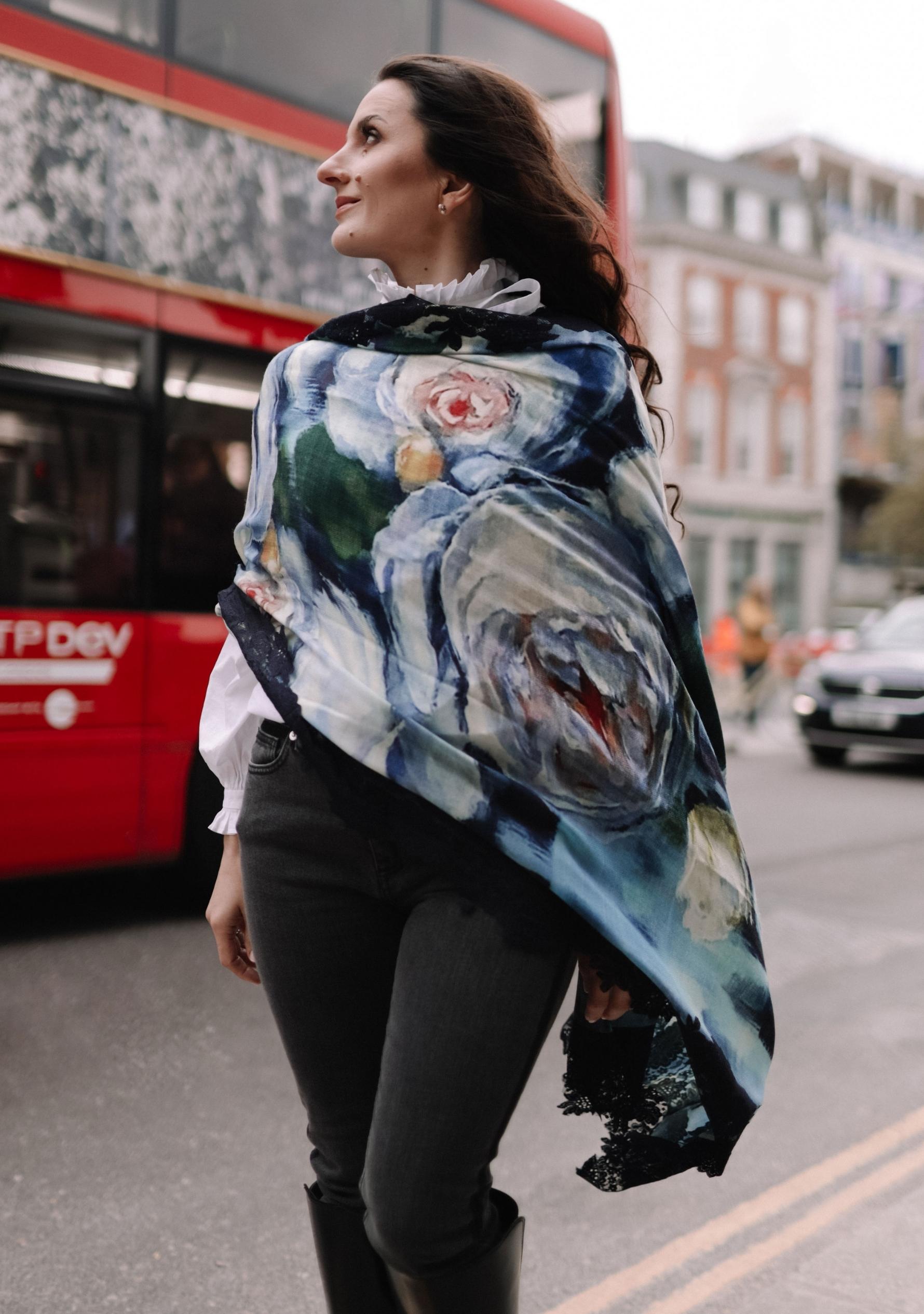 Blue Print Wool & Silk Scarf Navy Blue Lace