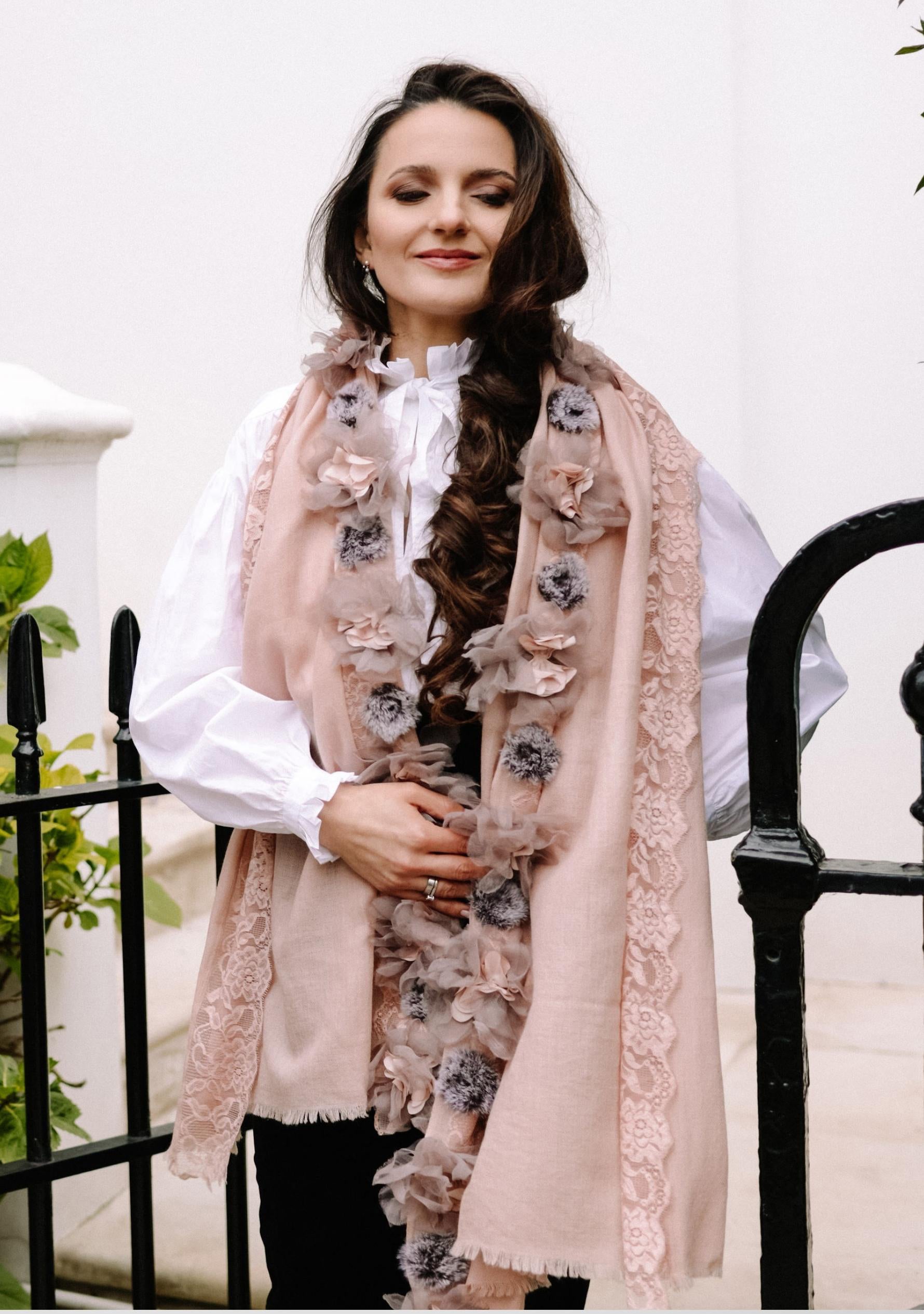 Lt. Copper Cashmere ScarfLace, 3D Appliqués & Gray faux Fur Pom Poms