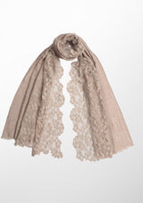 Natural Melange Wool Scarf with a Natural Bold Leaf Lace