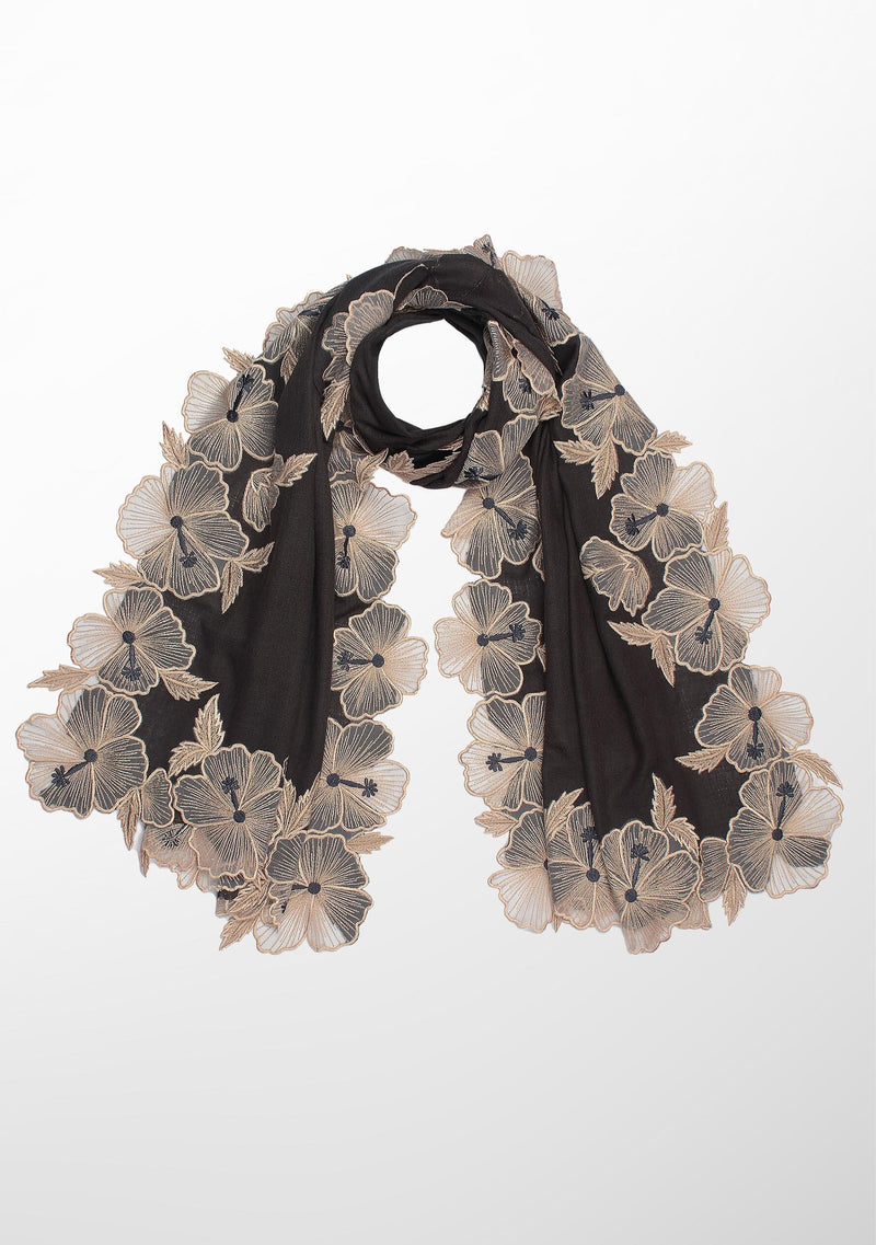 Charcoal Cashmere Scarf with Beige Hibiscus Floral Embroidery Border