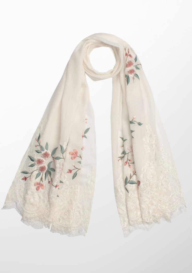 Ivory Cashmere Scarf with Multi-colored Embroidery and Ivory Filigree Lace Pallas