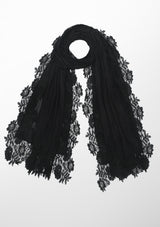 Black Silk And Wool Scarf with a Black 
 Floral Lace Border