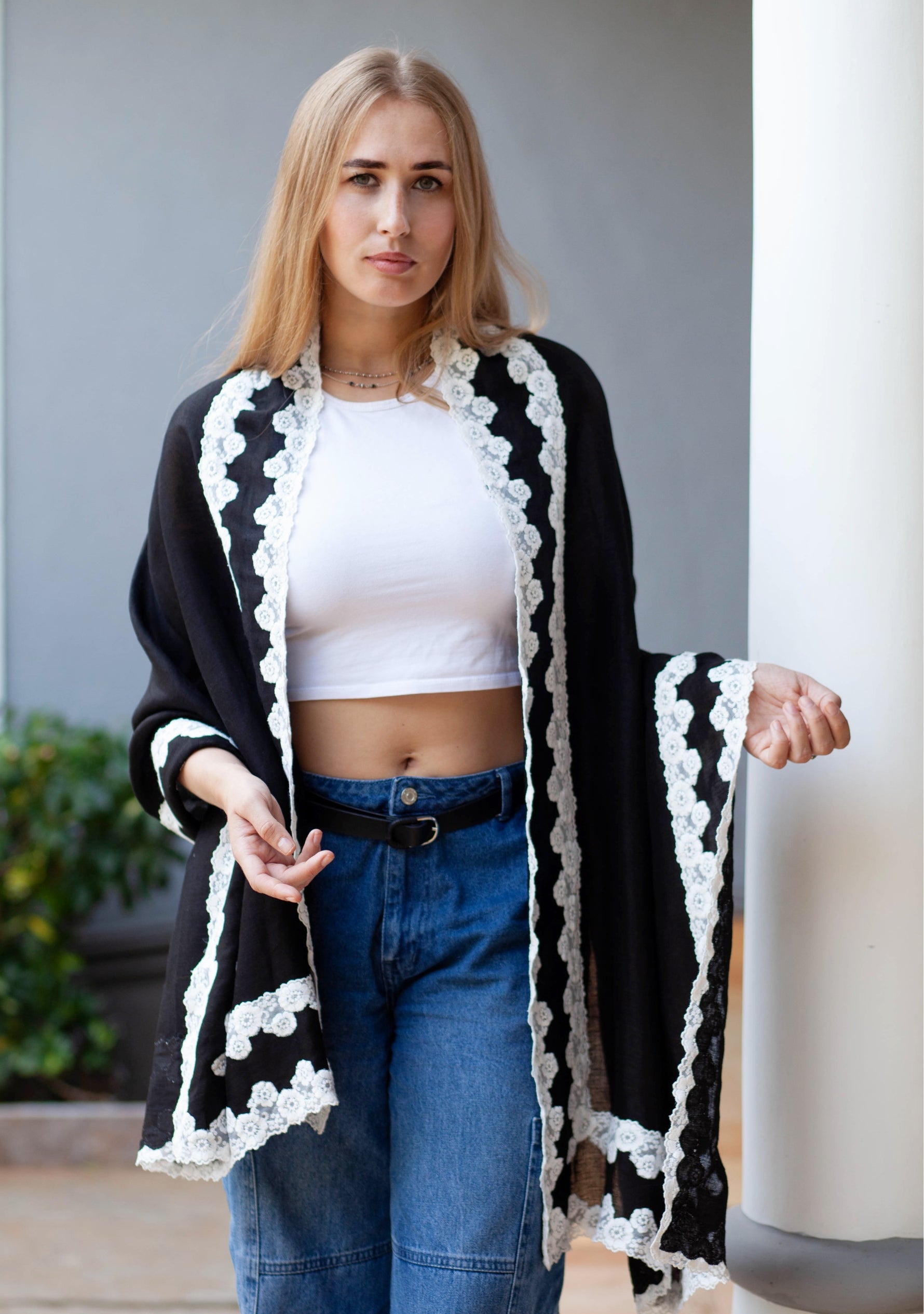 Black Linen & Modal Scarf
 White Lace