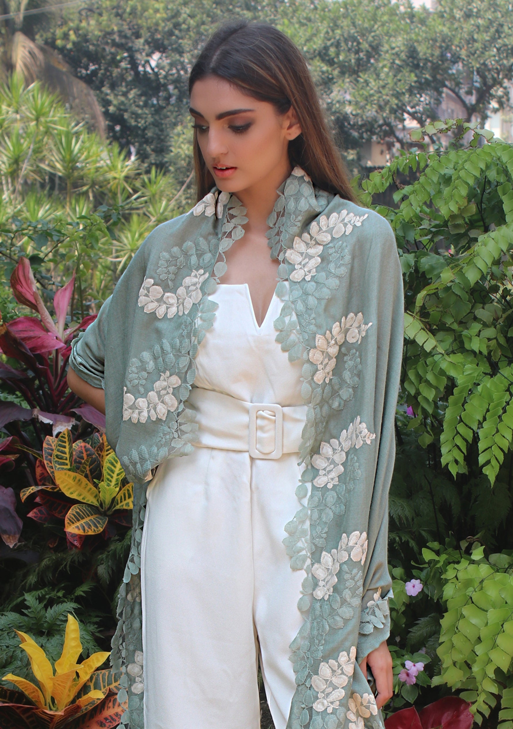 Sage Green Silk & Wool Scarf 
Sage Green & Beige Lace