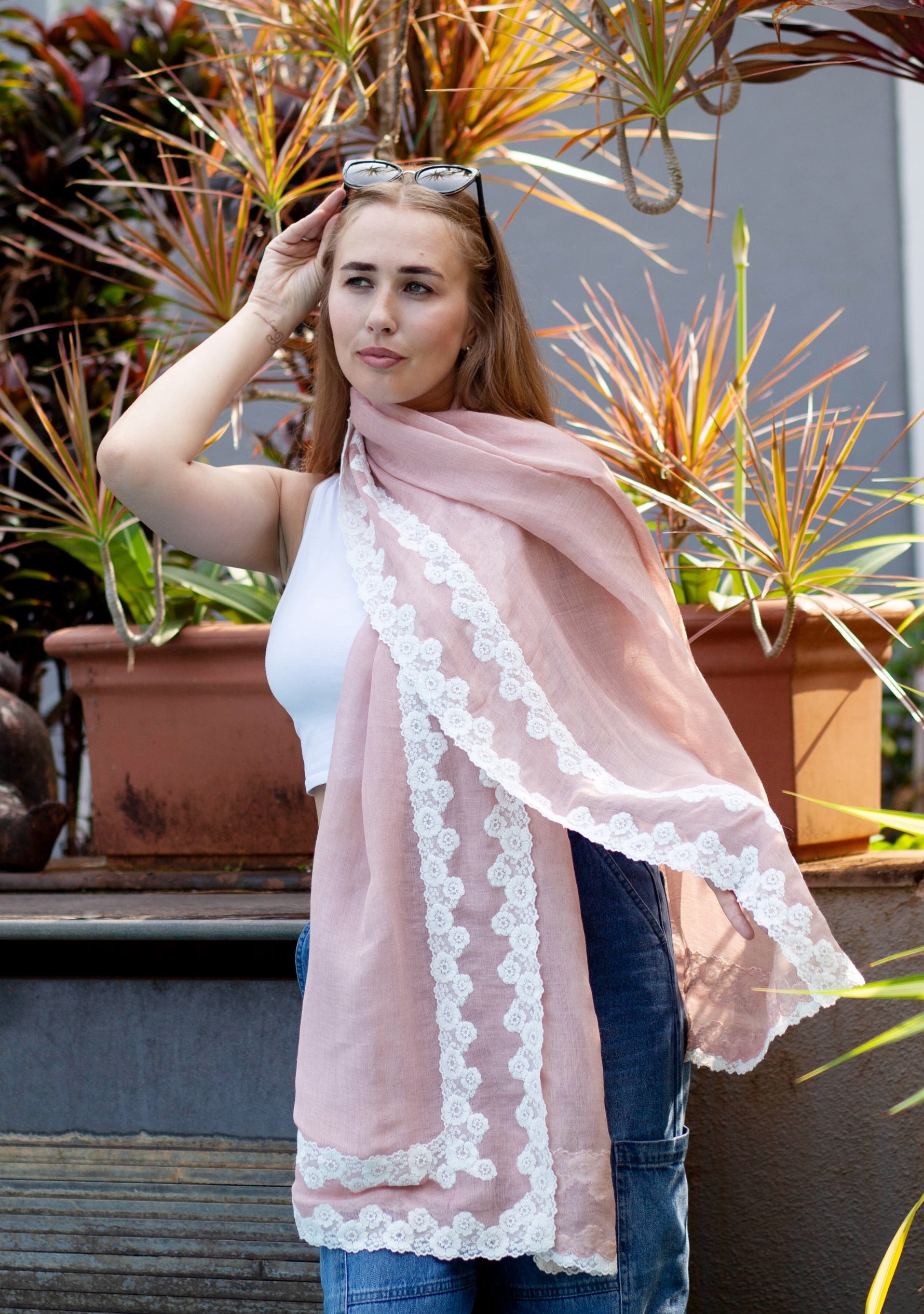 Lt. Copper Linen & Modal Scarf 
White Lace