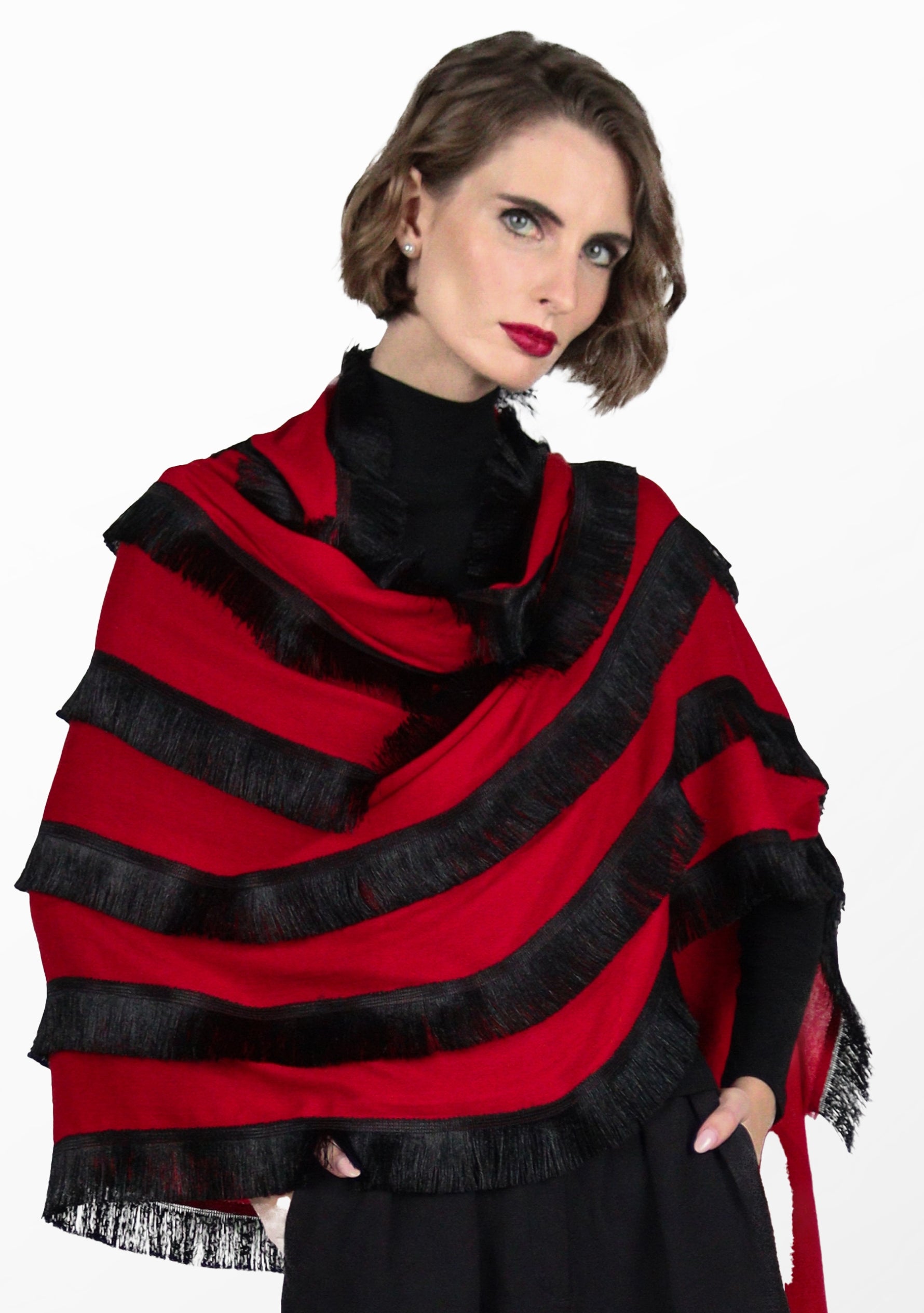 Red Wool & Silk Scarf 
Black Fringe Panels