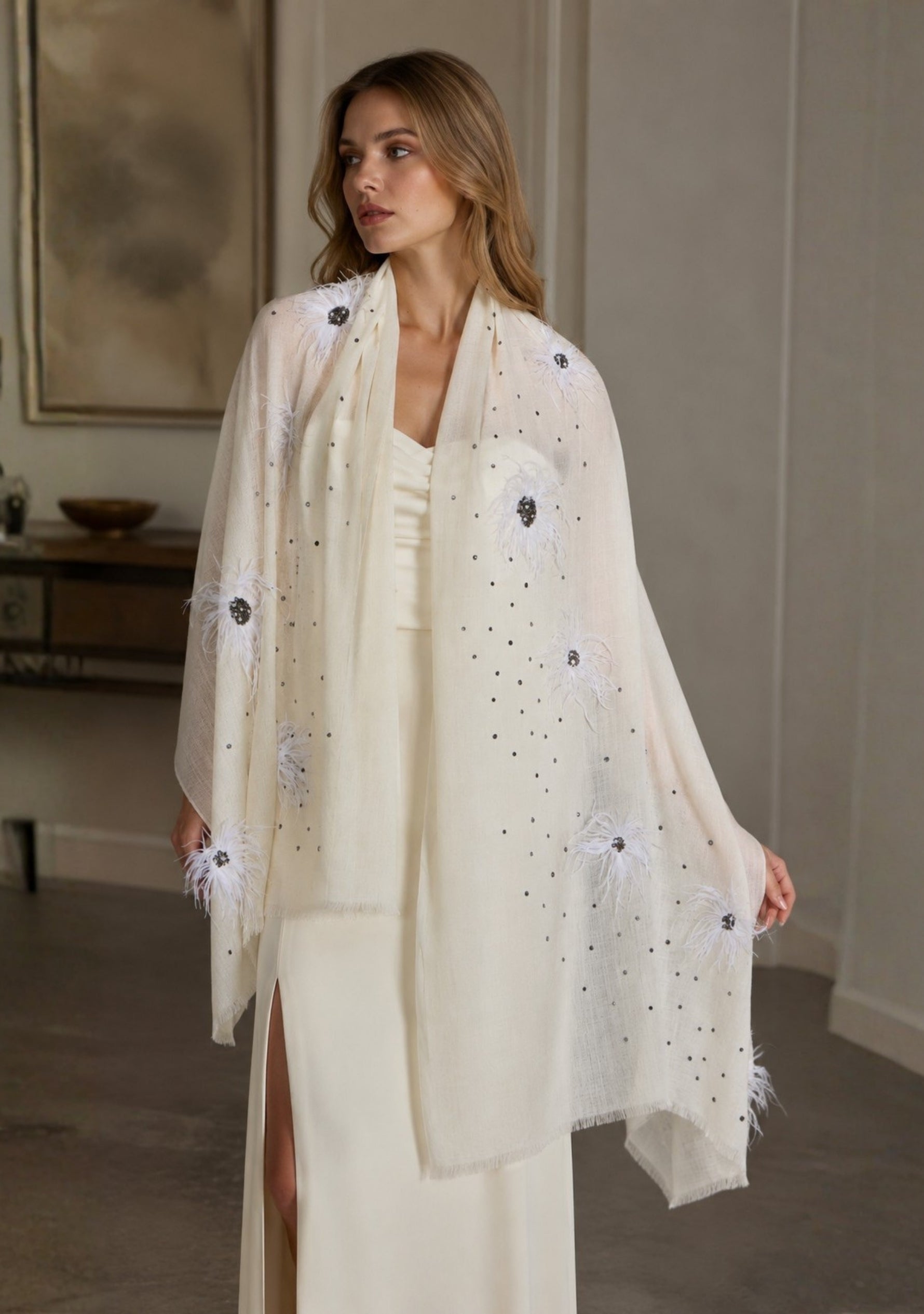Ivory Cashmere Scarf White Ostrich Feather Flowers with Metallic Beads & Swarovski Crystals