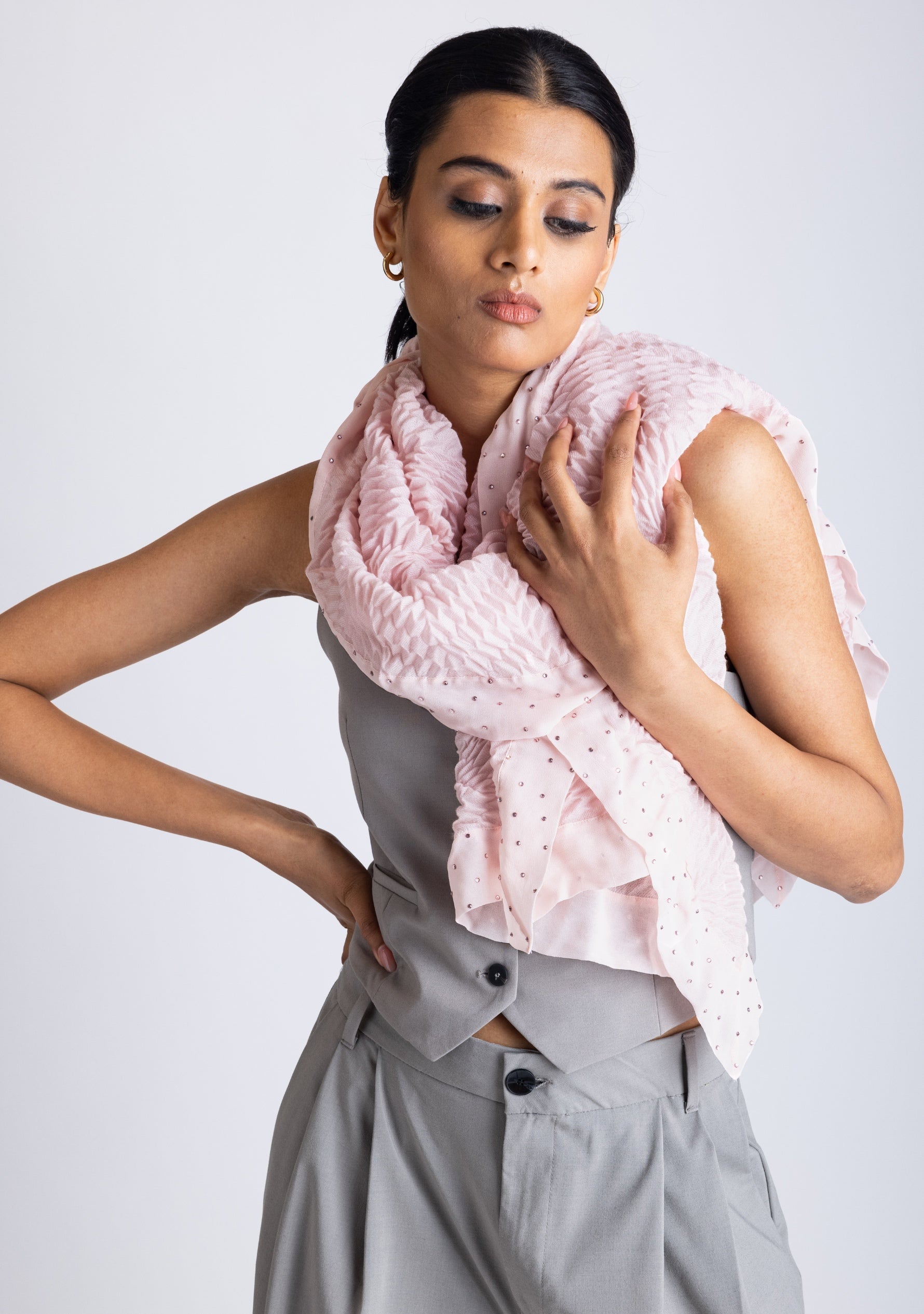 Lt. Pink Pleated Wool & Silk Scarf
Crystal Border