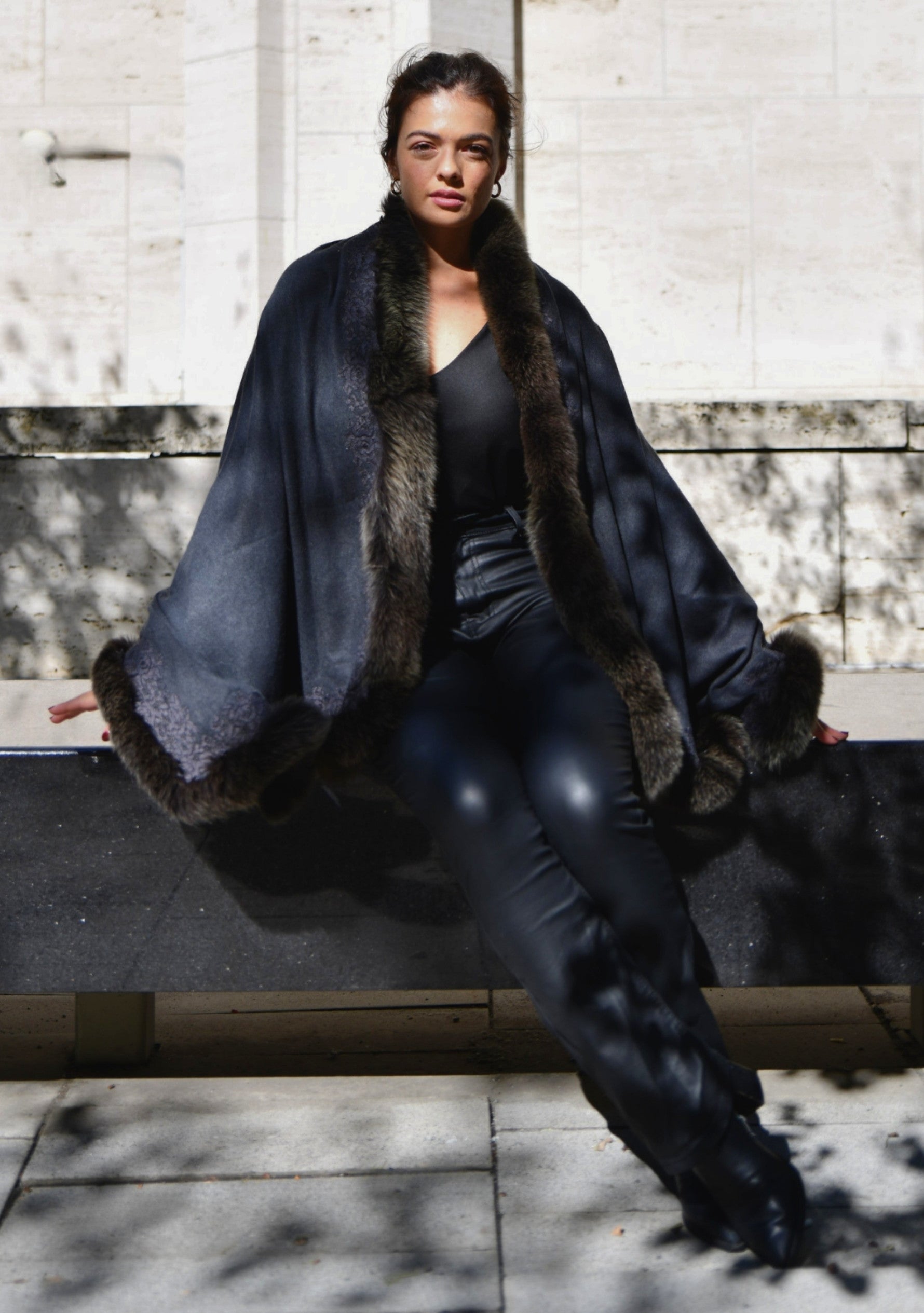 Charcoal Cashmere wrap, Fox Fur & Charcoal Floral Lace