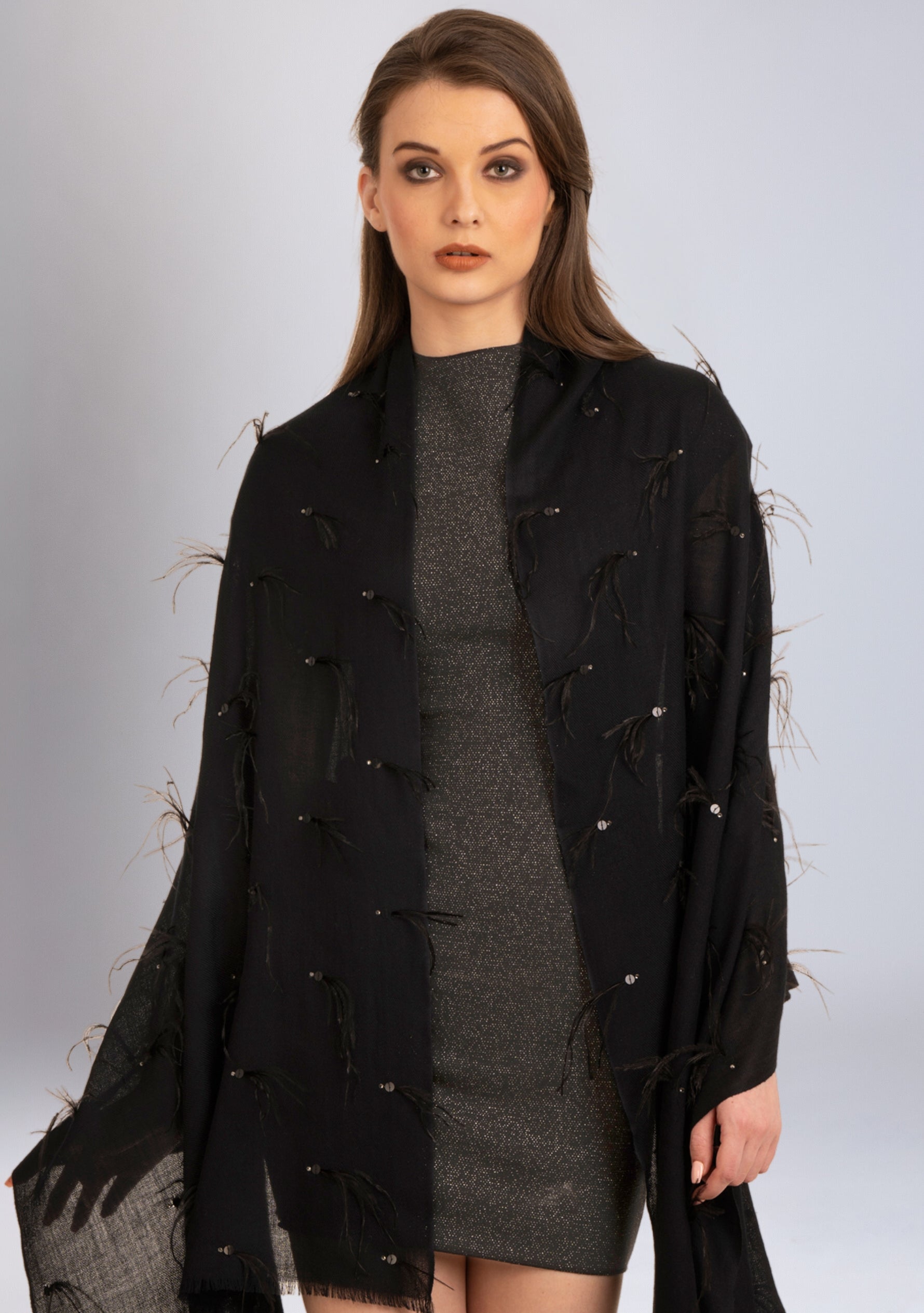 Black Cashmere Pashmina Scarf Black Ostrich Feathers & Silver Swarovski Crystal