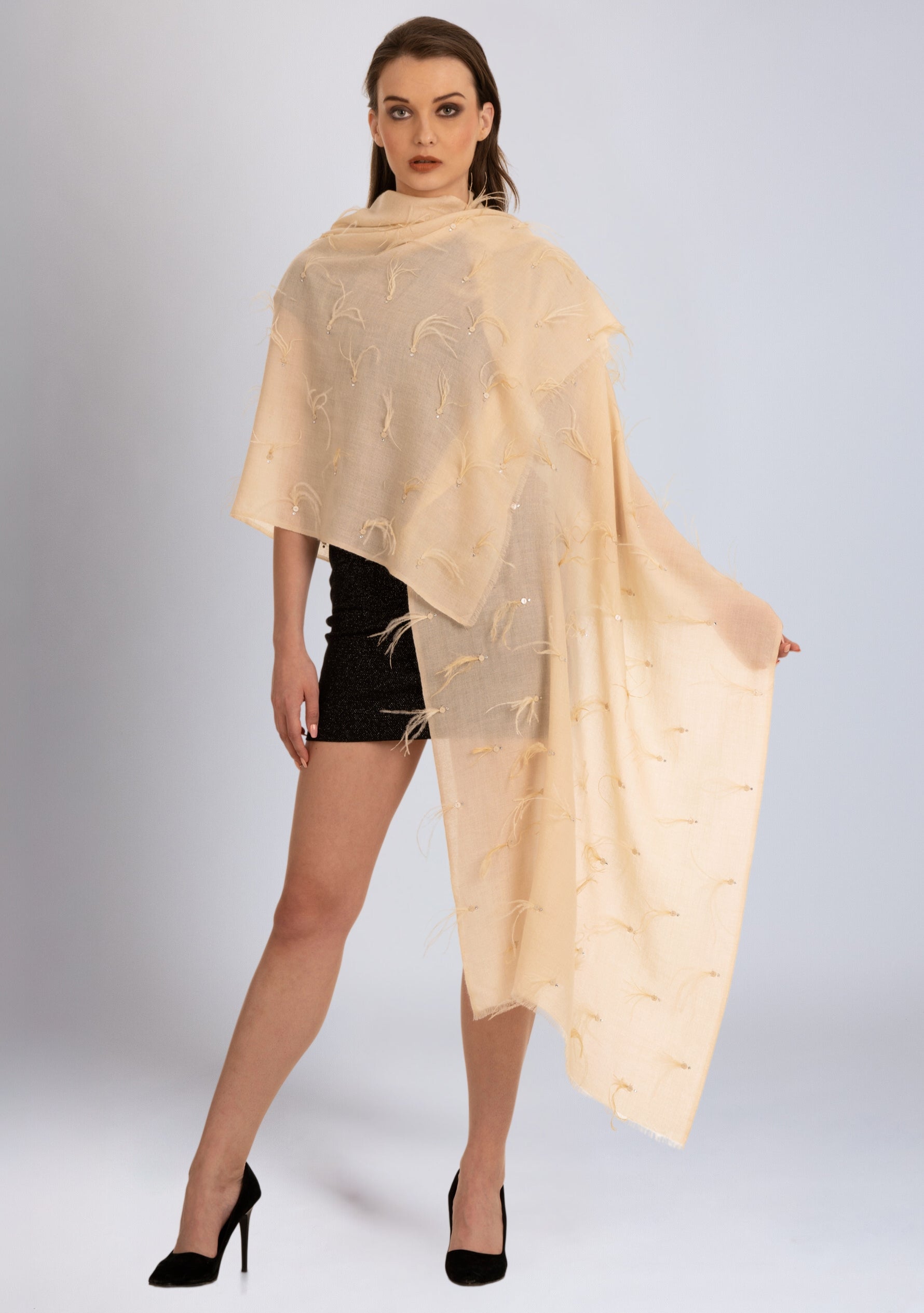 Beige Cashmere Pashmina Scarf Beige Ostrich Feathers & Silver Swarovski Crystal
