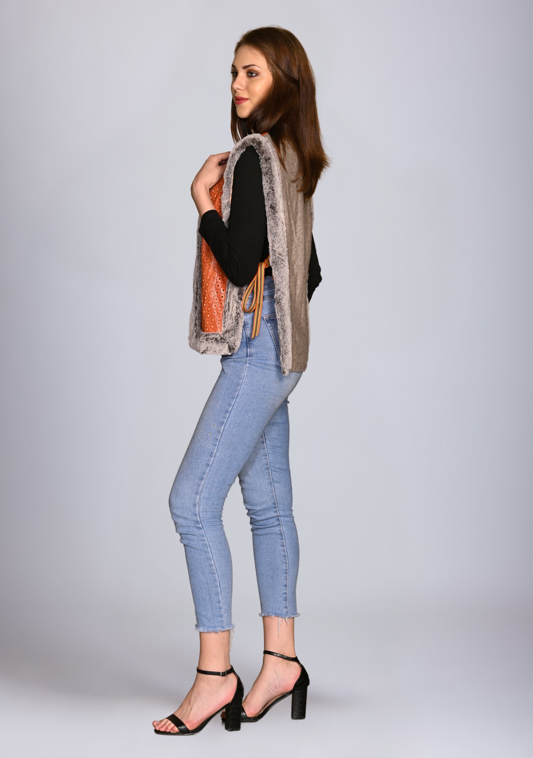 Orange Faux Leather & Taupe Melange Wool Sleeveless Jacket
Taupe Faux Fur