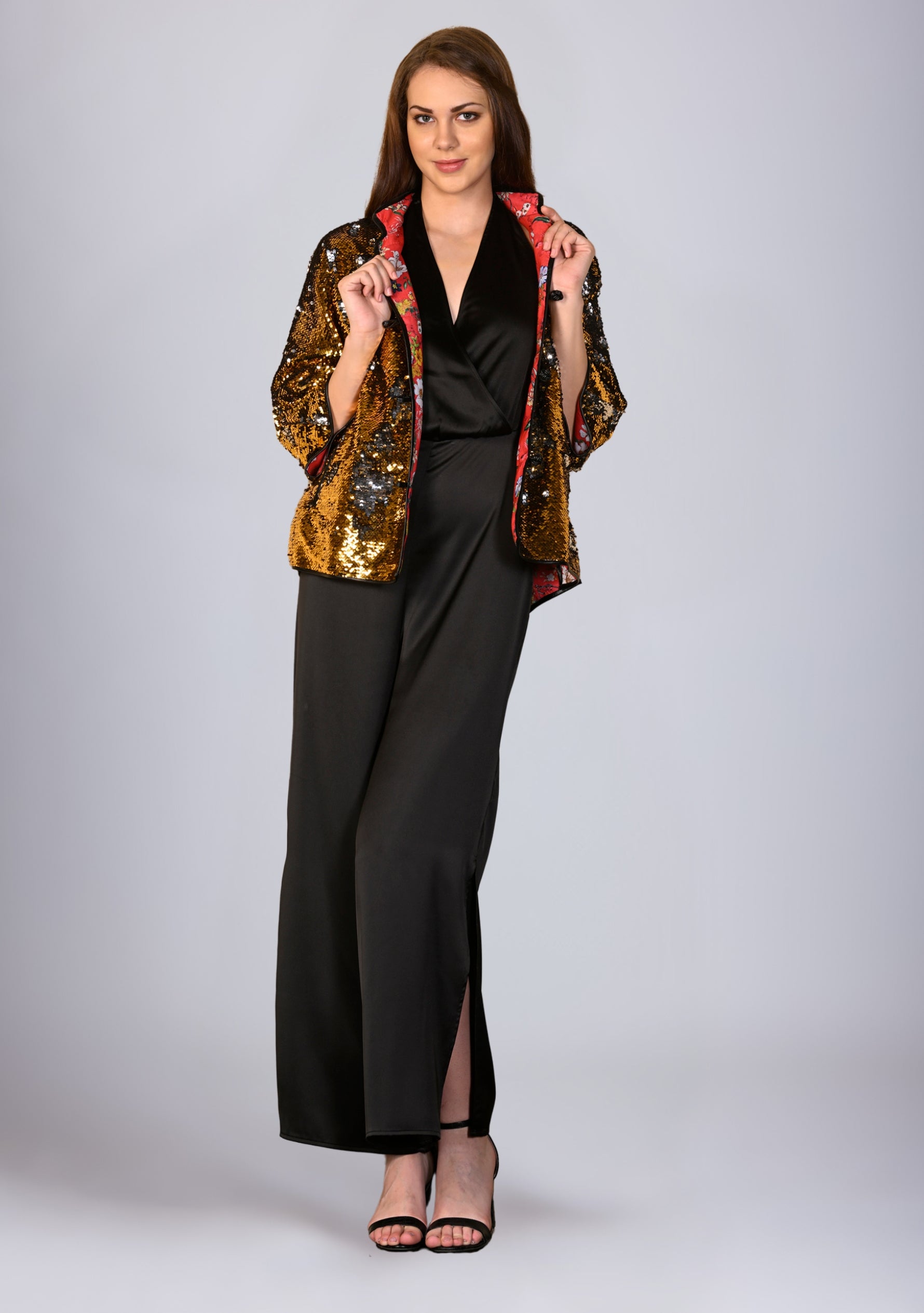 Gold Silver Sequin Jacket Black Faux Leather Trims