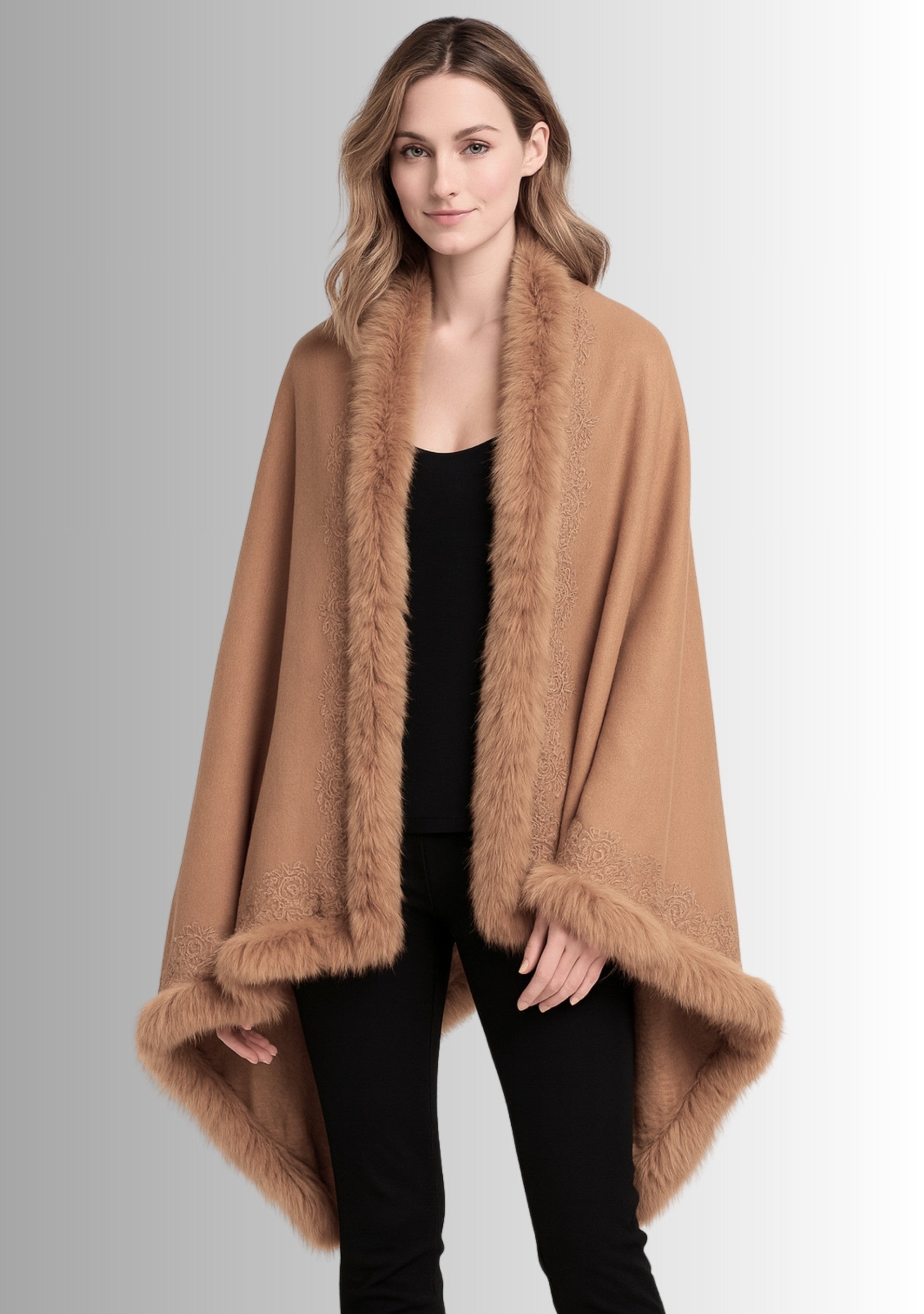 Camel Cashmere Stole Camel Fox Fur & Floral Lace