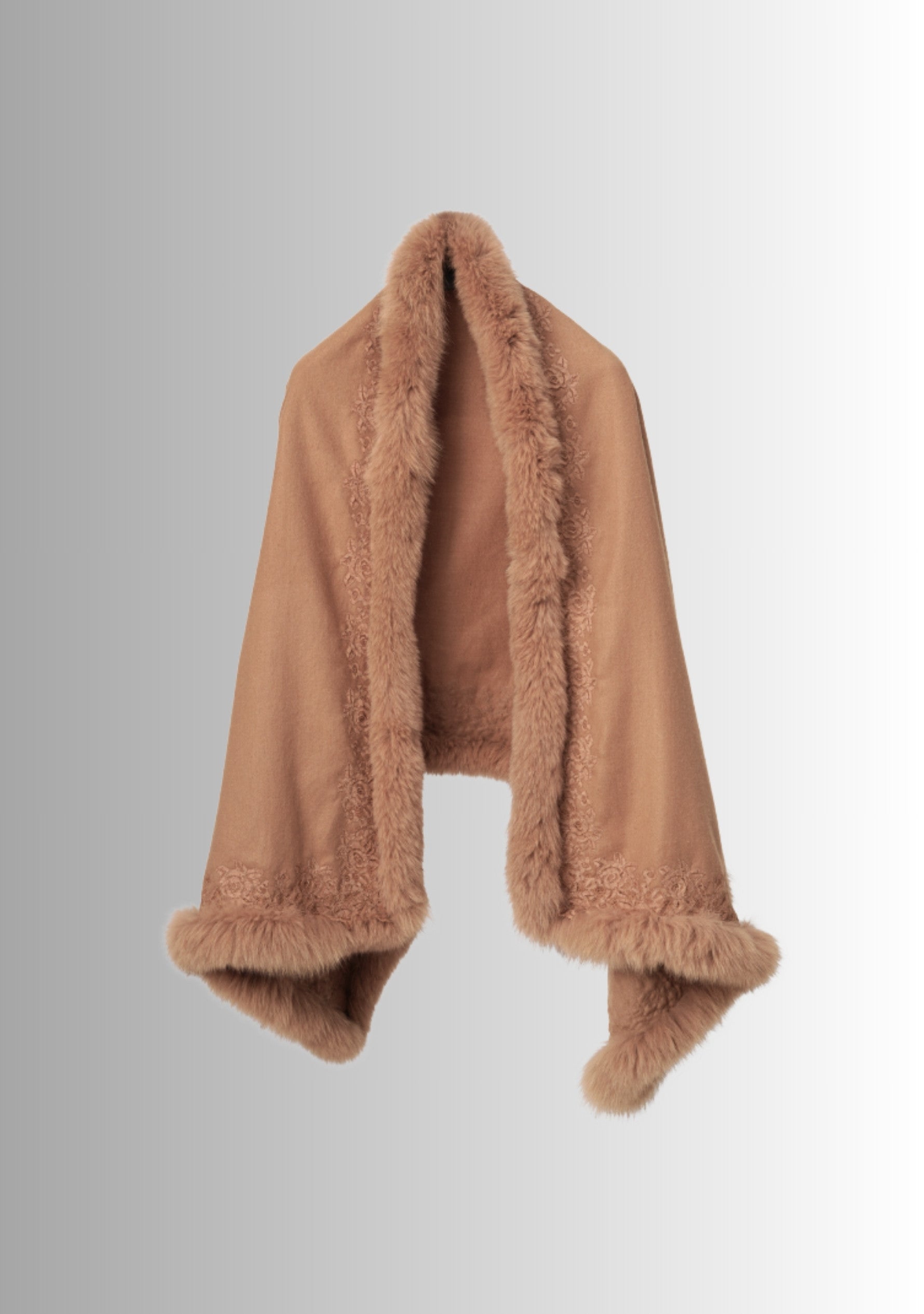 Camel Cashmere Stole Camel Fox Fur & Floral Lace