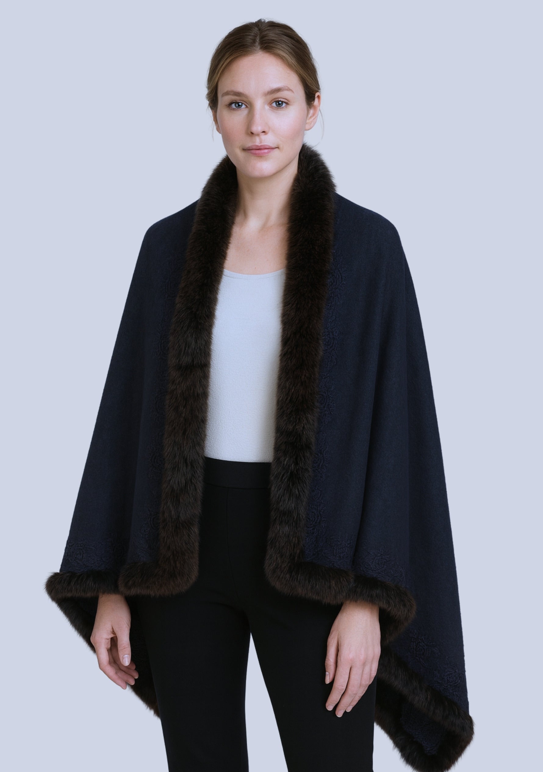 Charcoal Cashmere Stole Brown Fox Fur & Charcoal Floral Lace