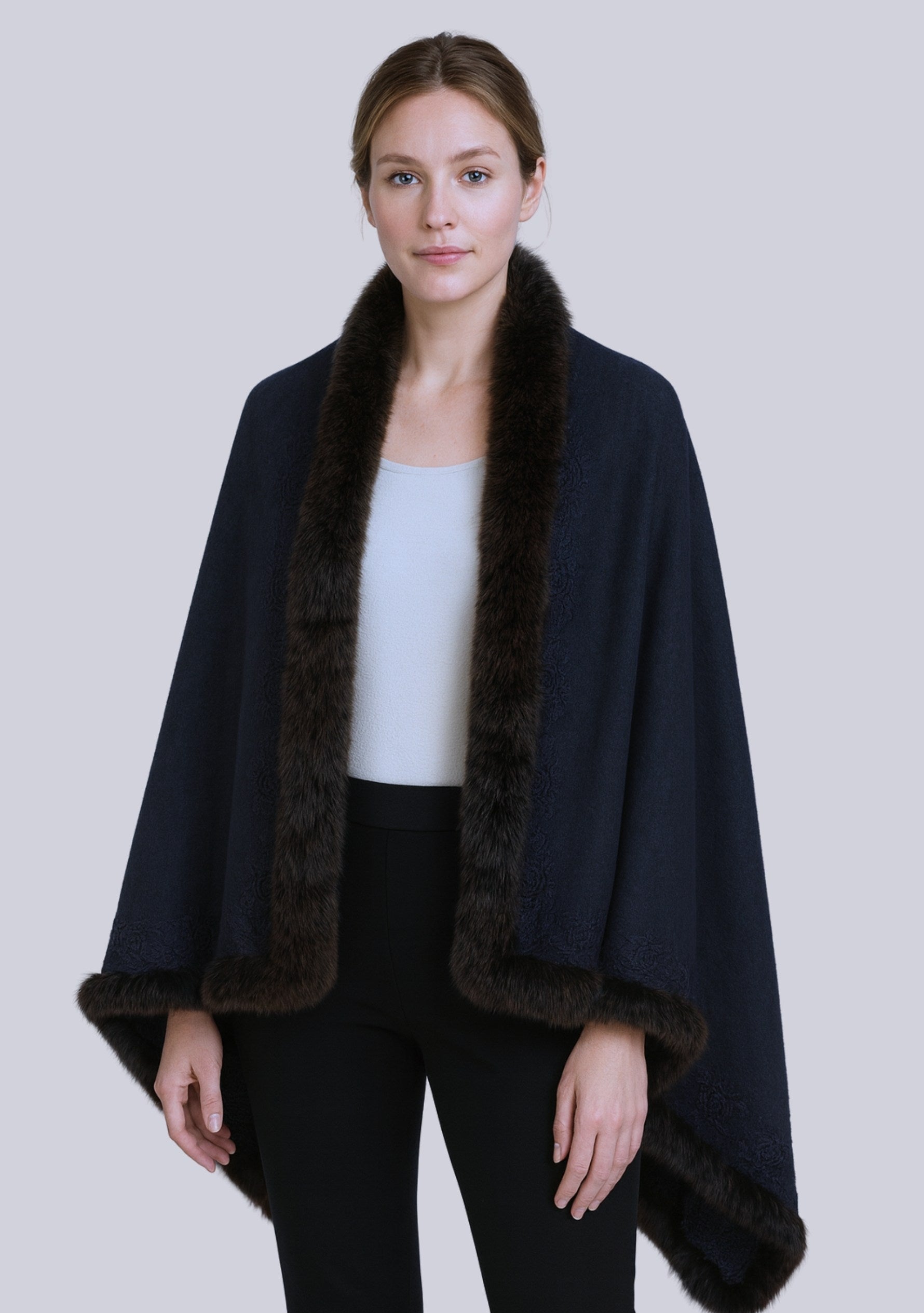 Charcoal Cashmere wrap, Fox Fur & Charcoal Floral Lace