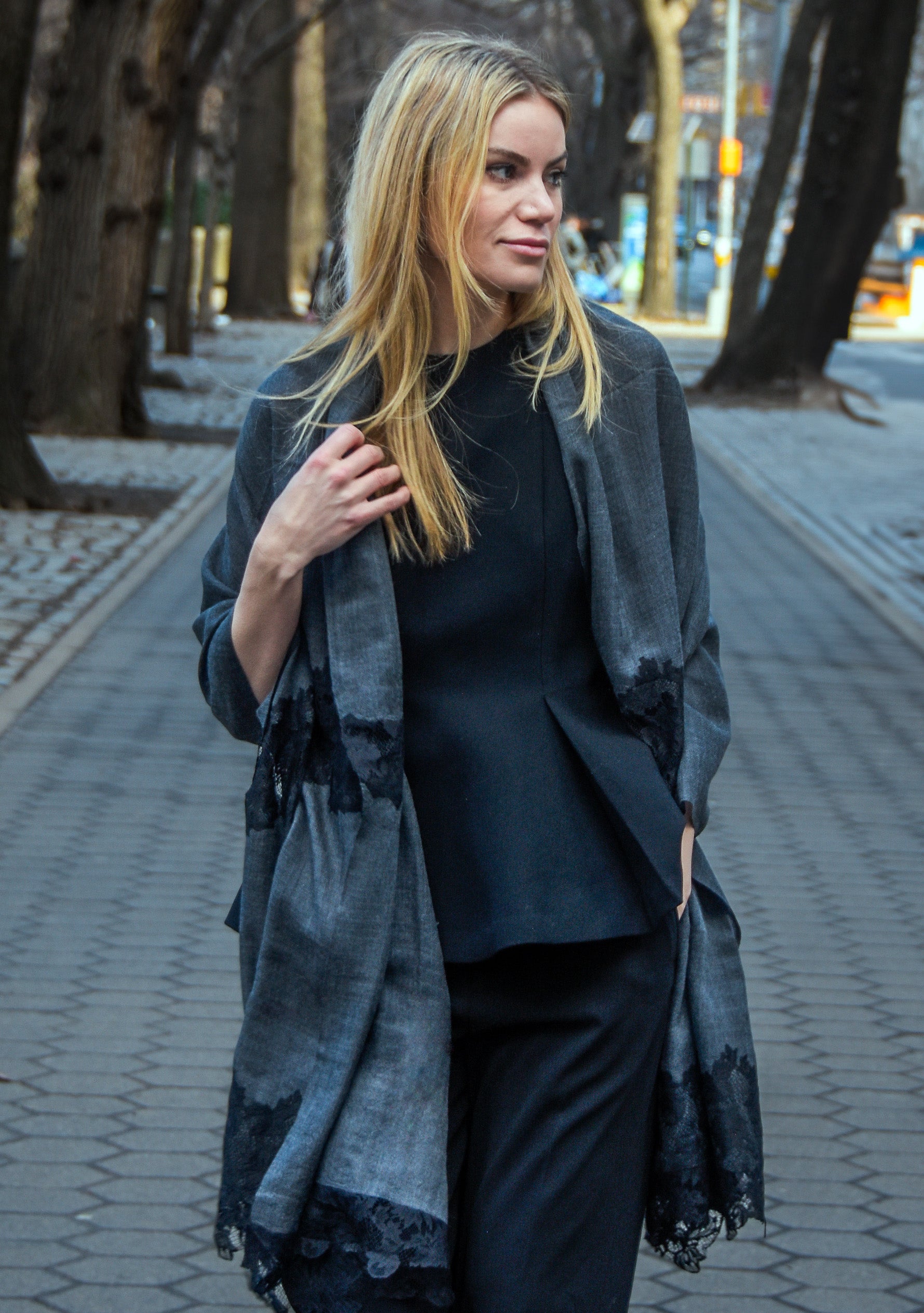 Charcoal Melange Wool & Silk Scarf Black Lace