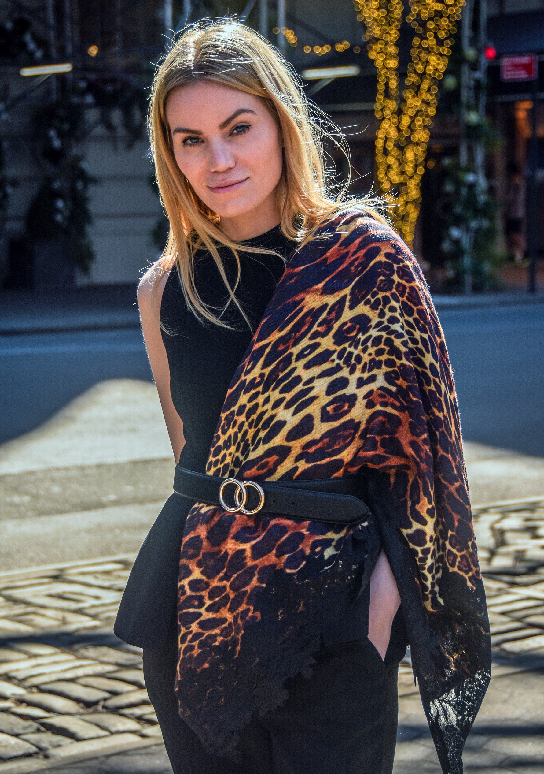 Black Leopard Print Wool & Silk Scarf Black Lace