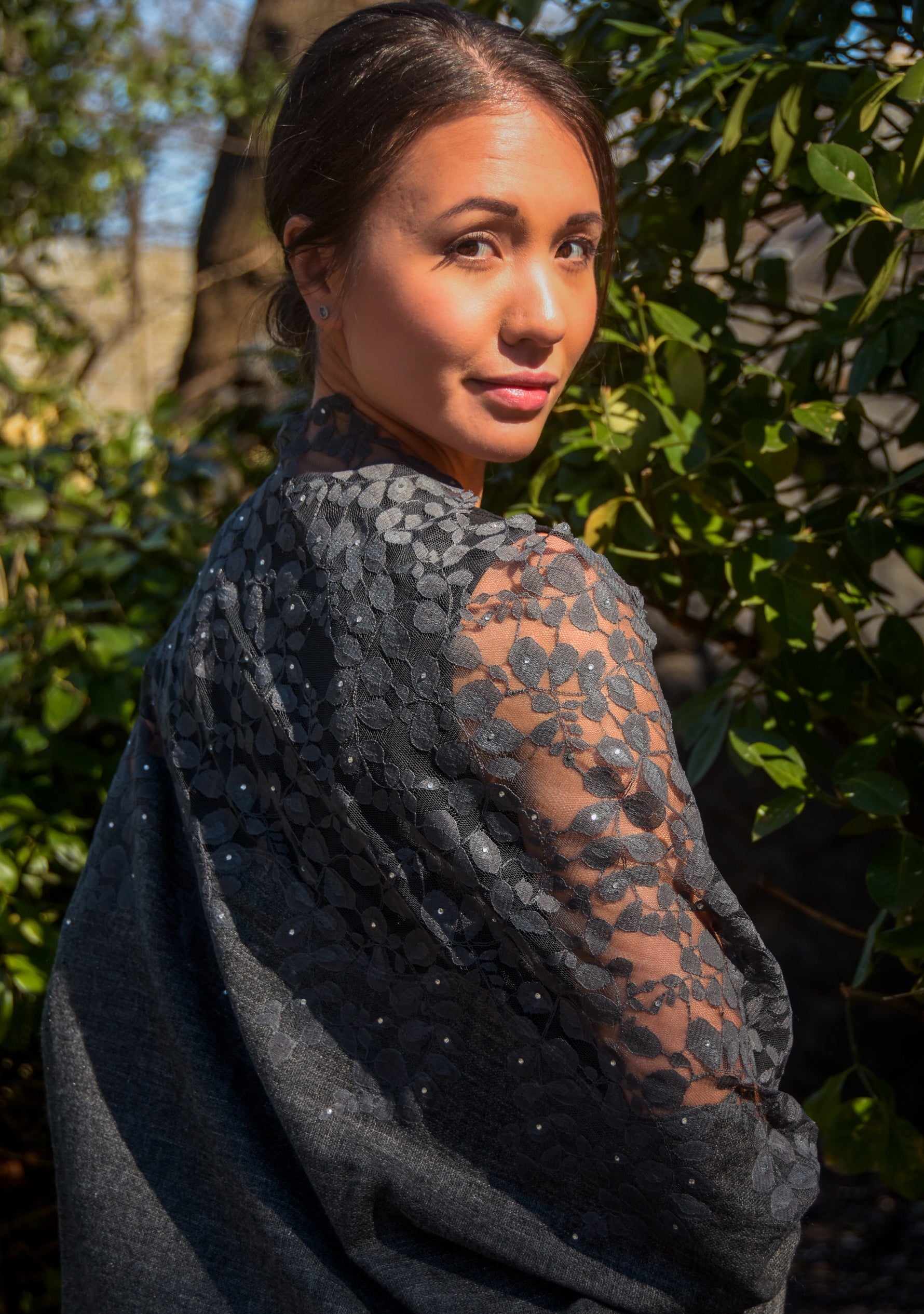 Charcoal Melange Wool Scarf Charcoal Lace & Silver Swarovski