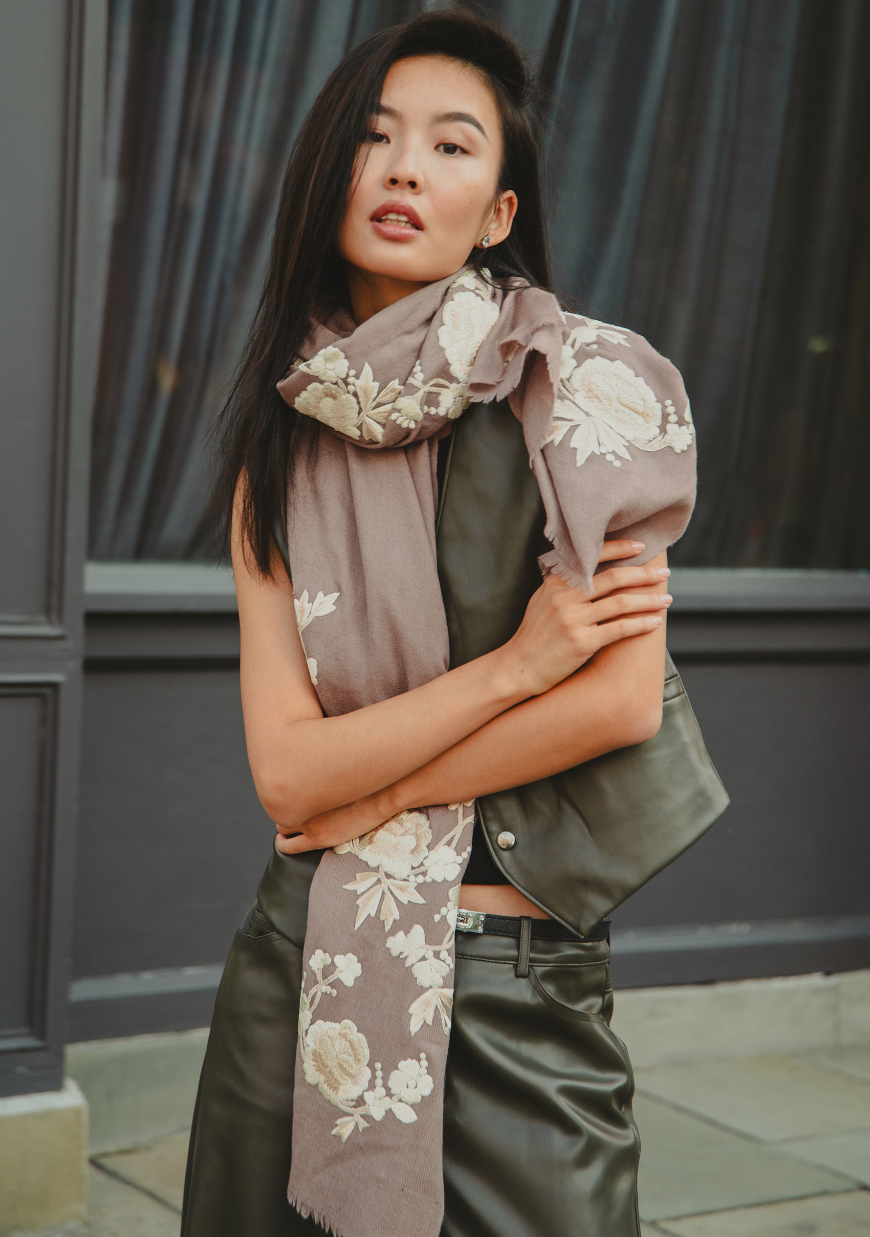 Copper Cashmere Scarf Ivory & Beige Embroidery