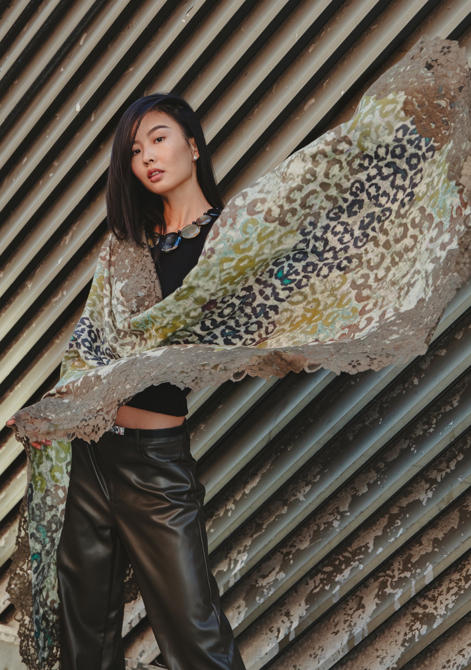 Khaki Leopard Print Wool & Silk Scarf Khaki Lace