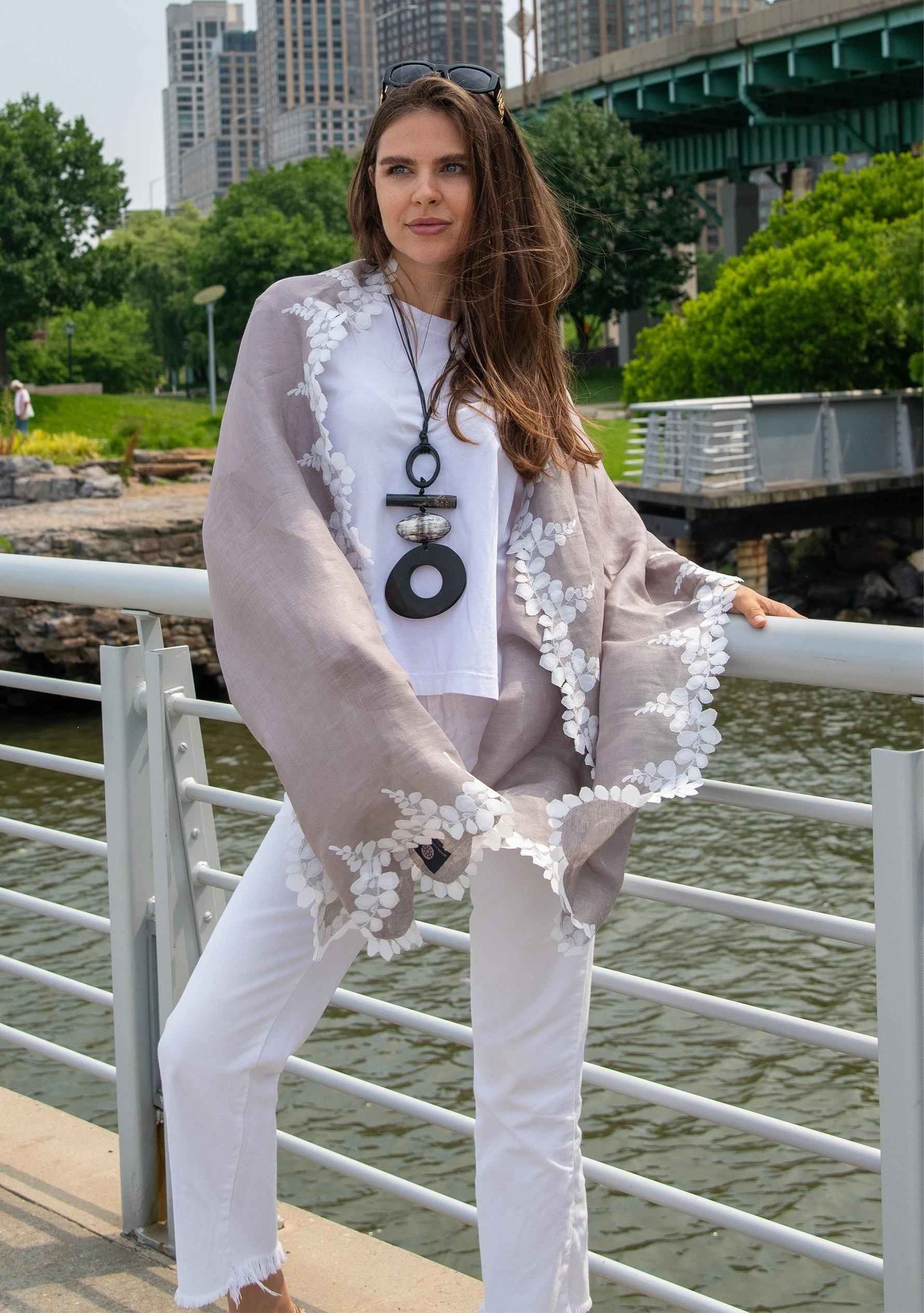 linen and modal scarf with ivory lace appliqué