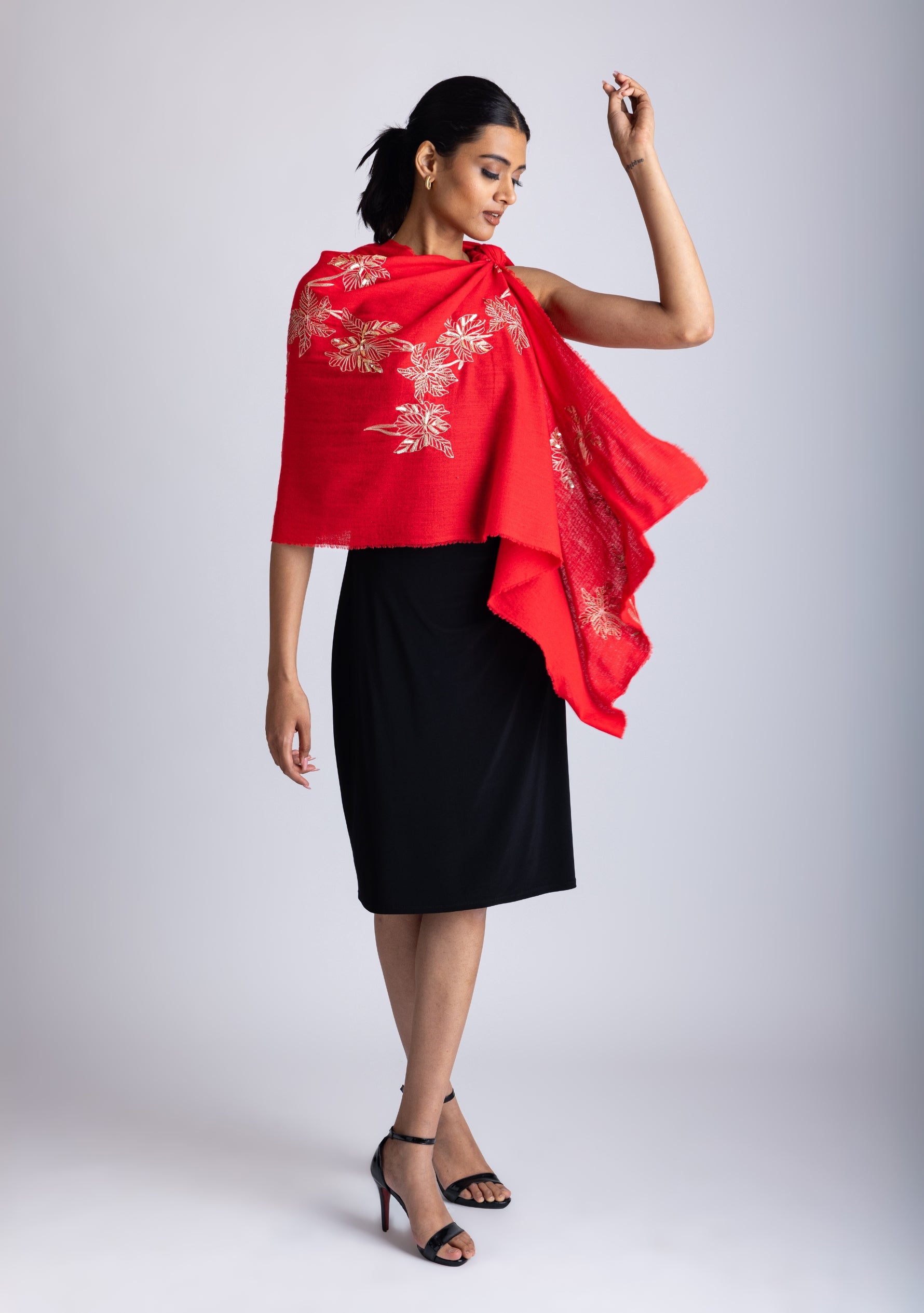 Bright Red Cashmere Scarf Dull Gold Sequin & Metallic Embroidery