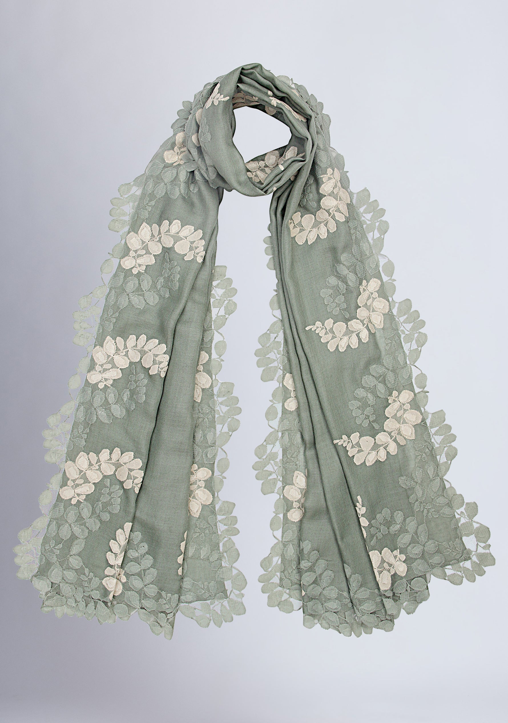 Sage Green Silk & Wool Scarf 
Sage Green & Beige Lace
