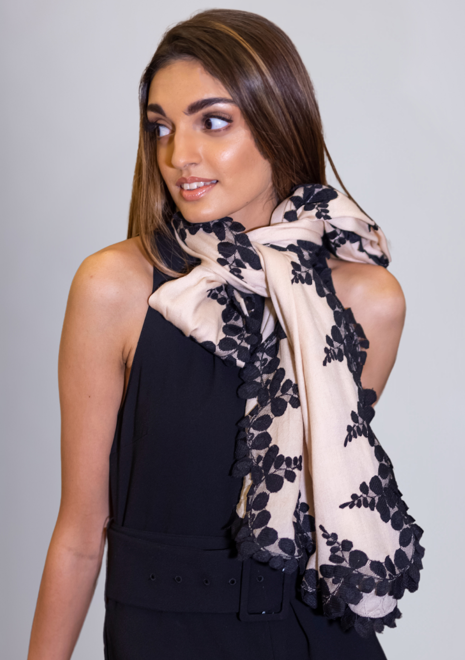Beige Silk & Wool Scarf 
Black Lace