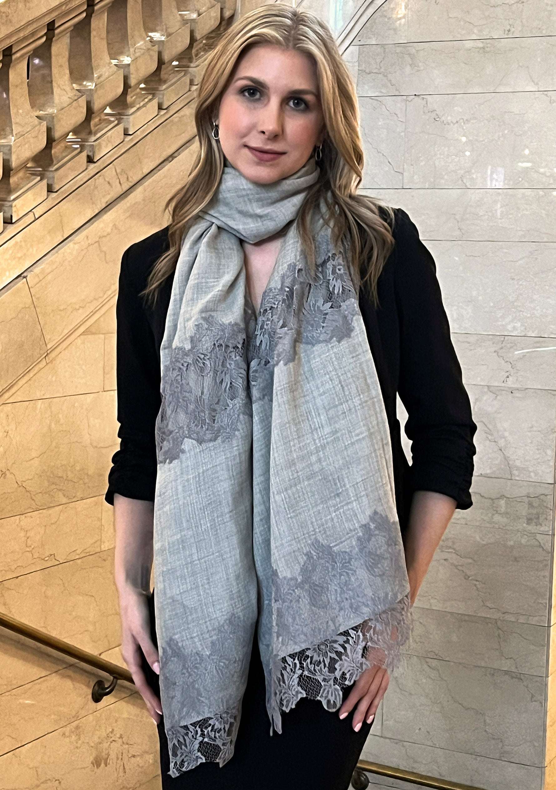 Lt. Gray Melange Wool & Silk ScarfDk. Gray Lace