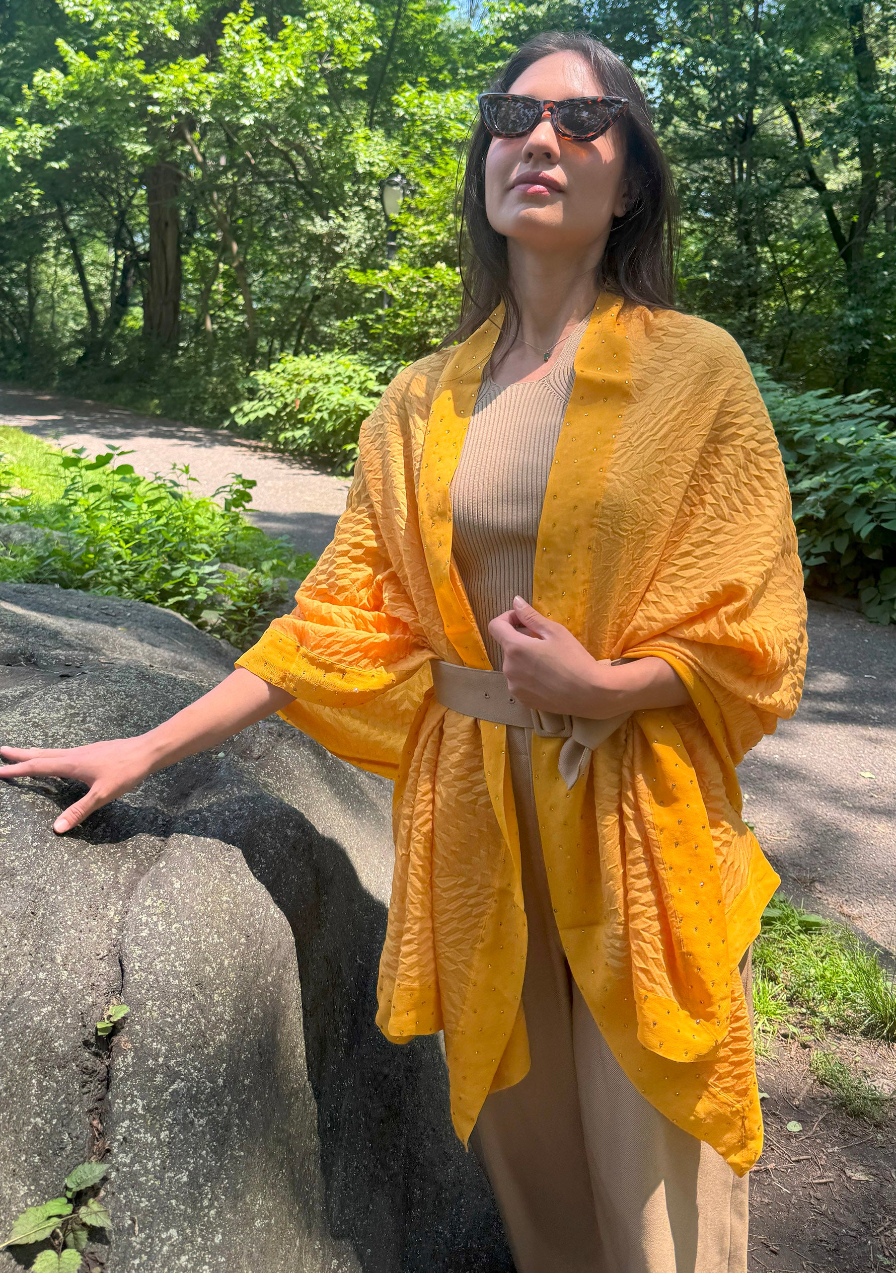 Butterscotch Pleated Wool & Silk Scarf
Crystal Border