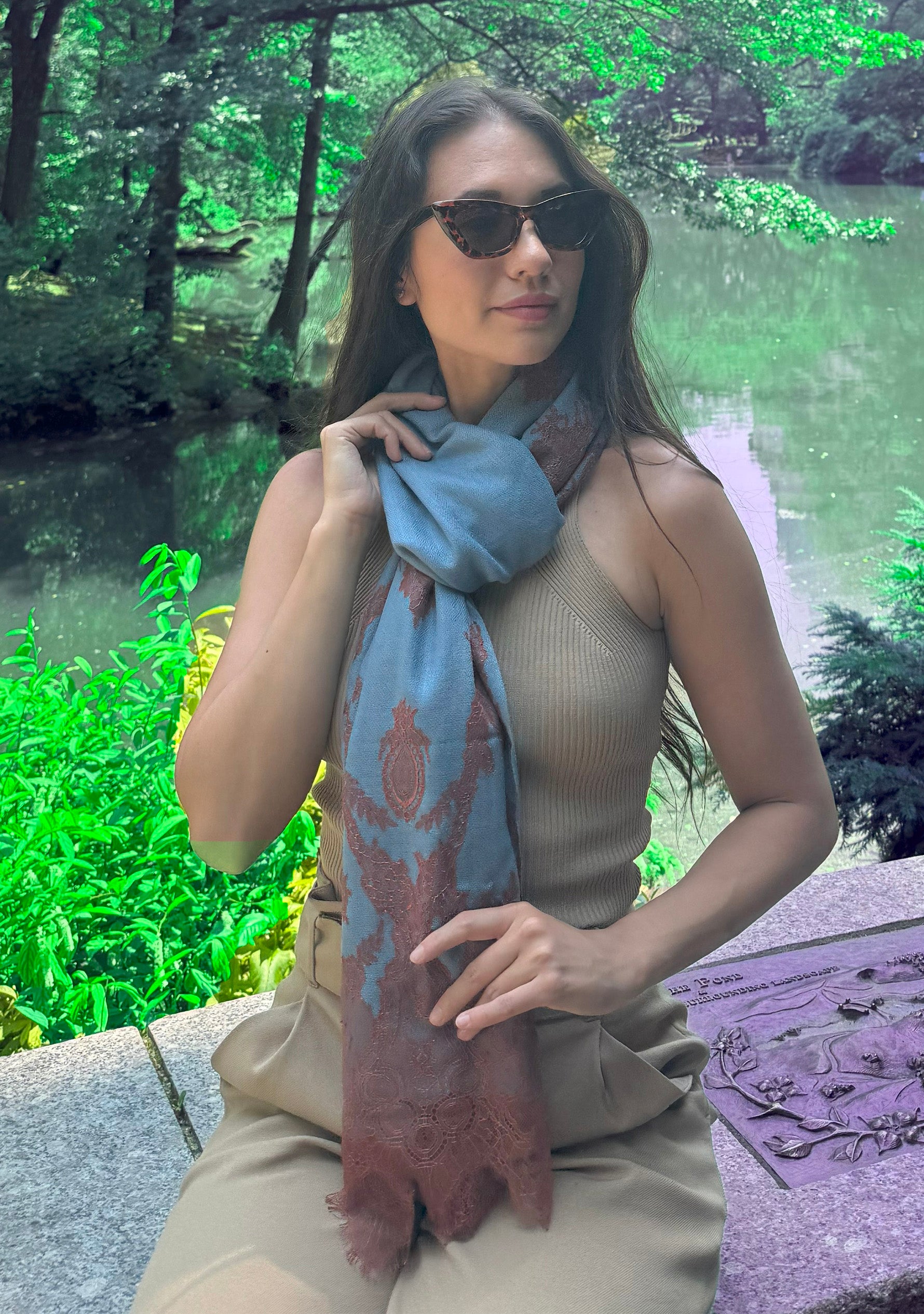 Steel Blue Cashmere Scarf Mocha Mousse Lace